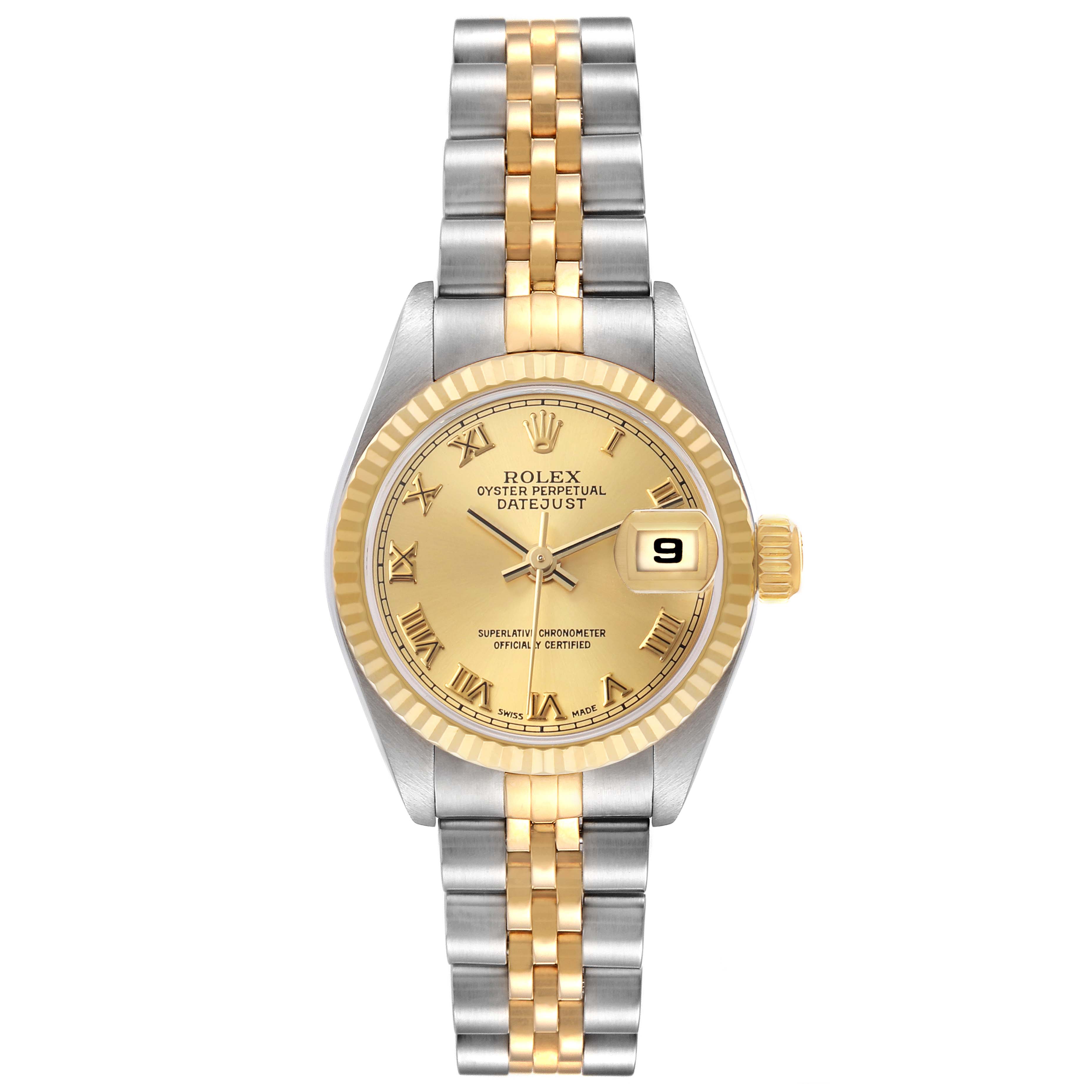 The Rolex Datejust 79173 Women's Stainless Steel Champagne Dial watch is shown from the front, highlighting the dial, bezel, and two-tone bracelet.