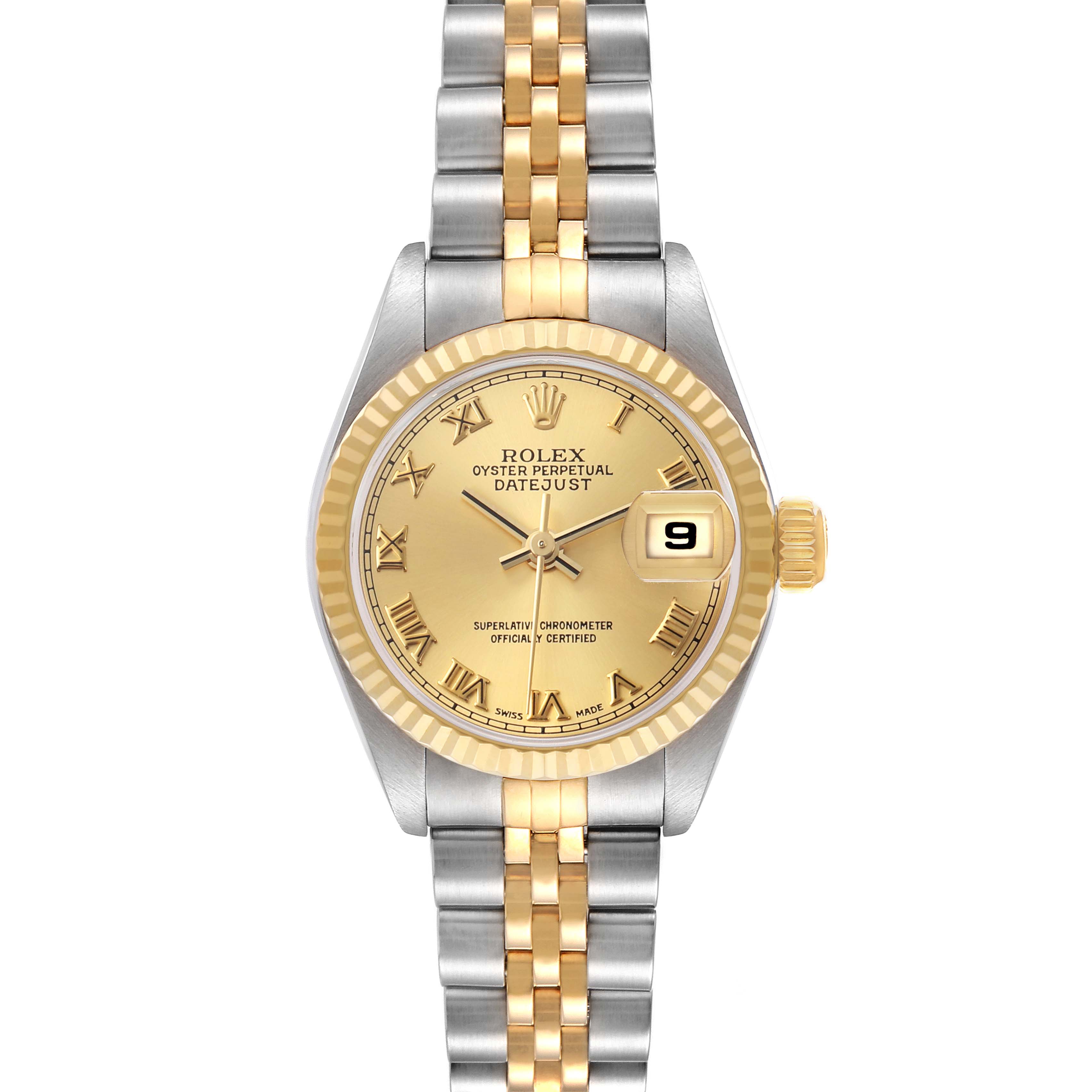The Rolex Datejust 79173 Women's Stainless Steel Champagne Dial watch is shown from a front angle, highlighting the face, bezel, and two-tone bracelet.
