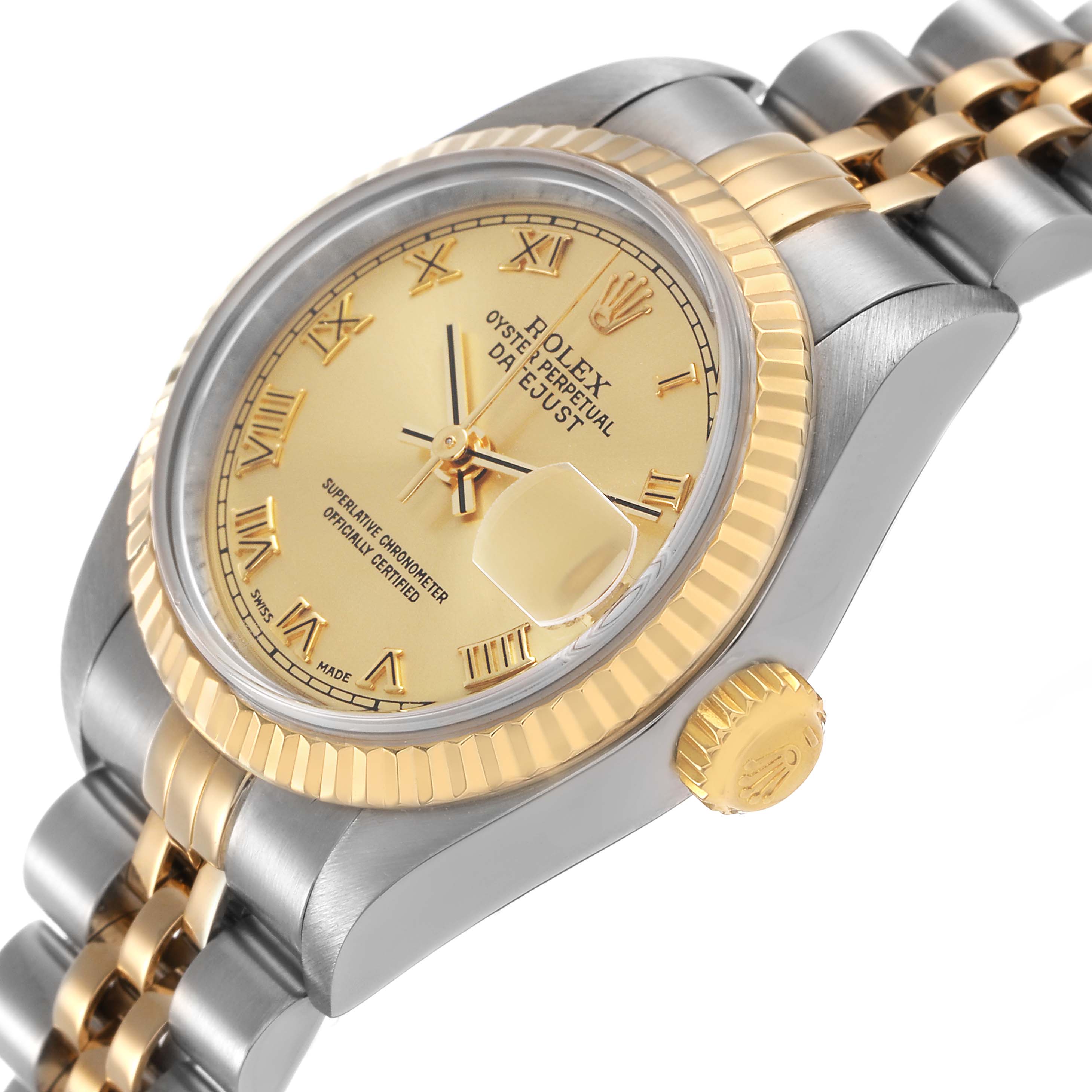 The Rolex Datejust 79173 Women's Stainless Steel Champagne Dial watch is shown at a side angle, highlighting the two-tone bracelet, fluted bezel, and crown.