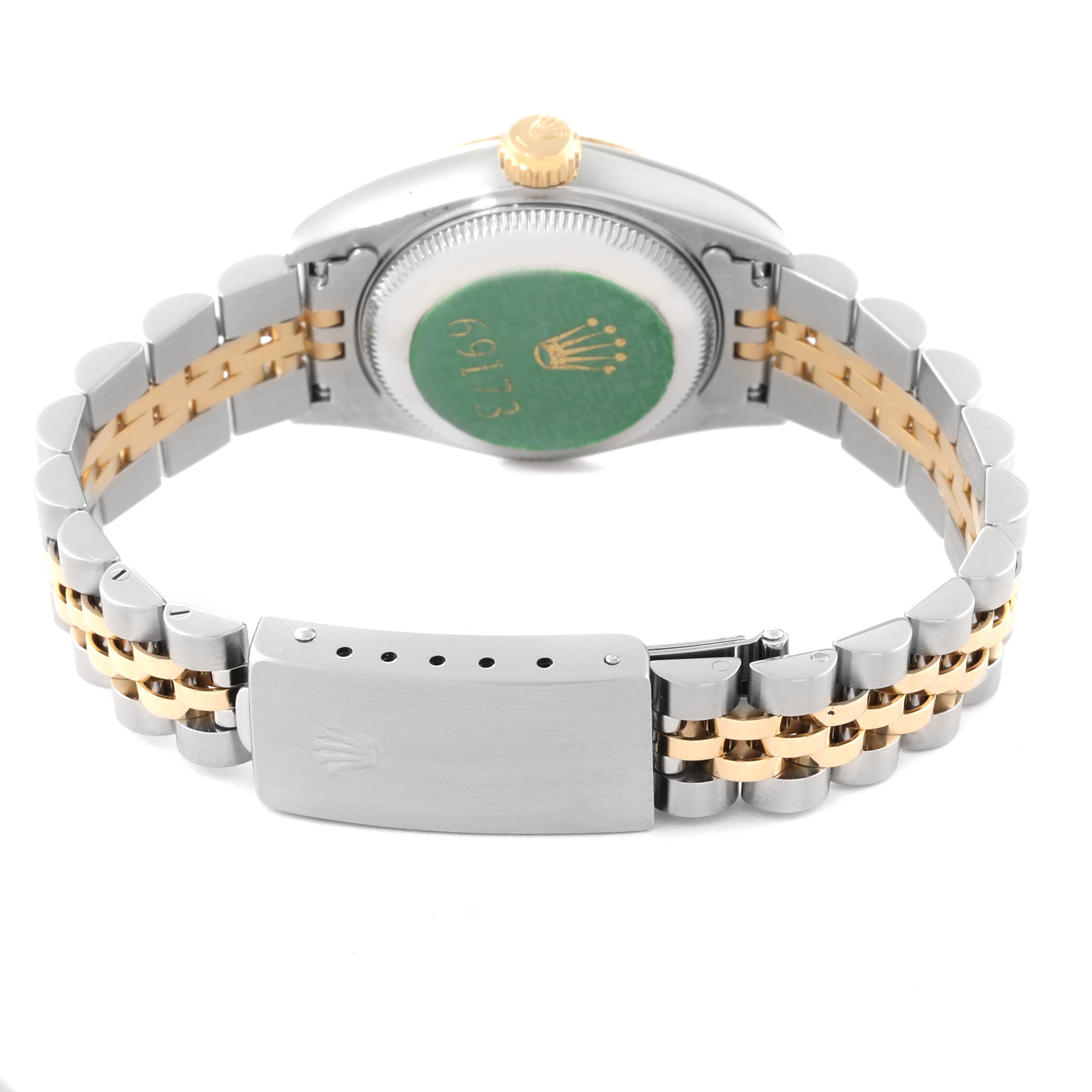 This image shows the back and bracelet of a Rolex Datejust 69173G Women's Steel and Gold (two tone) Champagne Dial 69173G Women's Steel and Gold (two tone) Champagne Dial watch, displaying the clasp, case back, and crown.