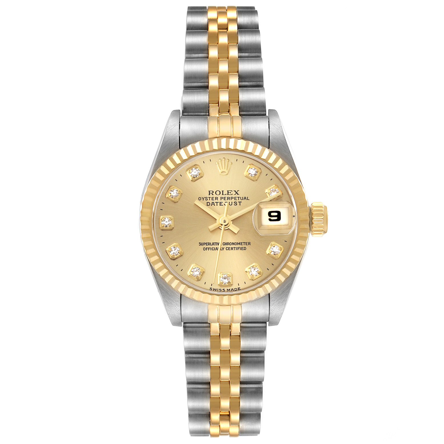 This Rolex Datejust 69173G Women's Steel and Gold (two tone) Champagne Dial 69173G Women's Steel and Gold (two tone) Champagne Dial watch is shown from a top-down angle, highlighting the dial, bezel, bracelet, and crown.