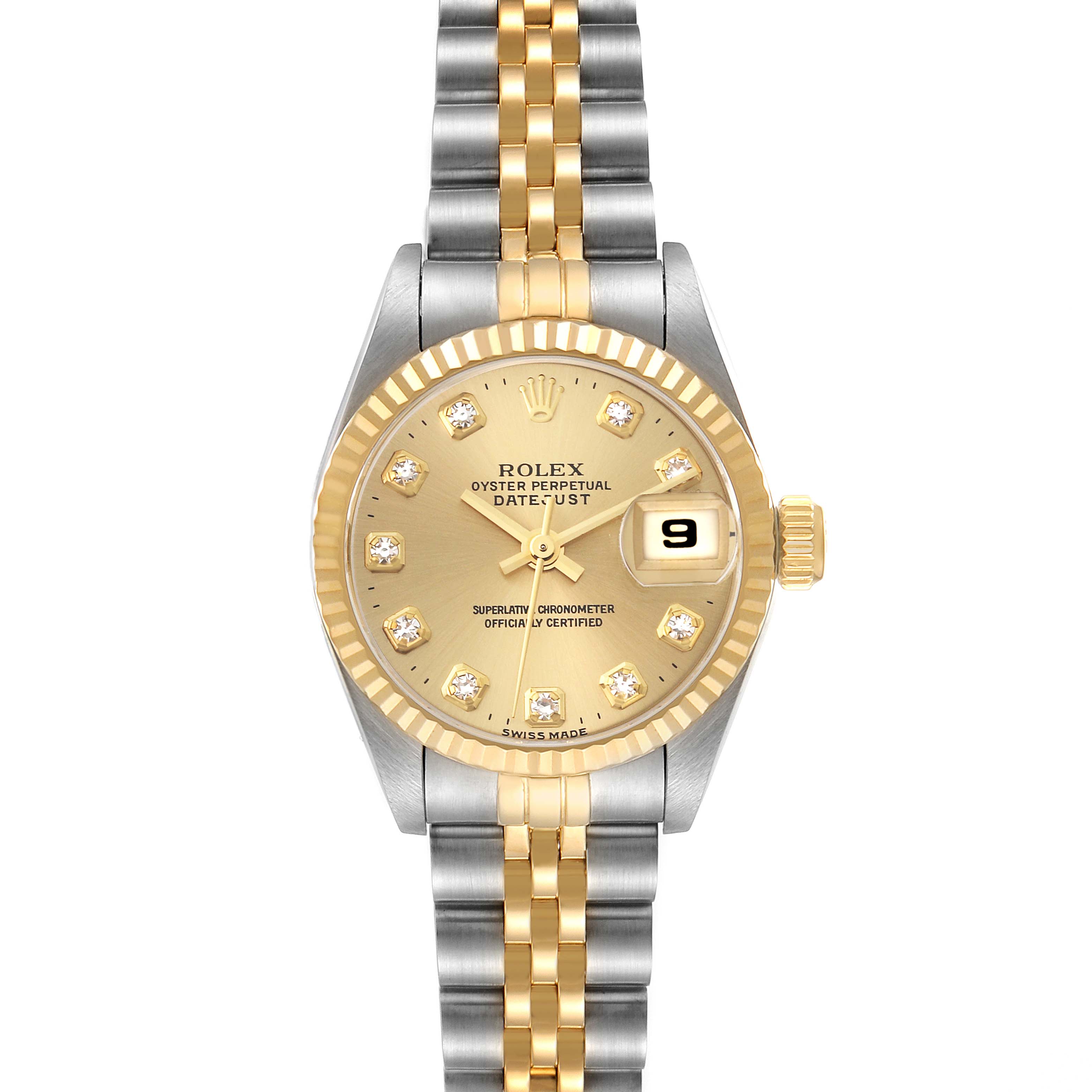 The image shows a front view of a Rolex Datejust 69173G Women's Steel and Gold (two tone) Champagne Dial 69173G Women's Steel and Gold (two tone) Champagne Dial model, displaying the face, bezel, and two-tone bracelet.
