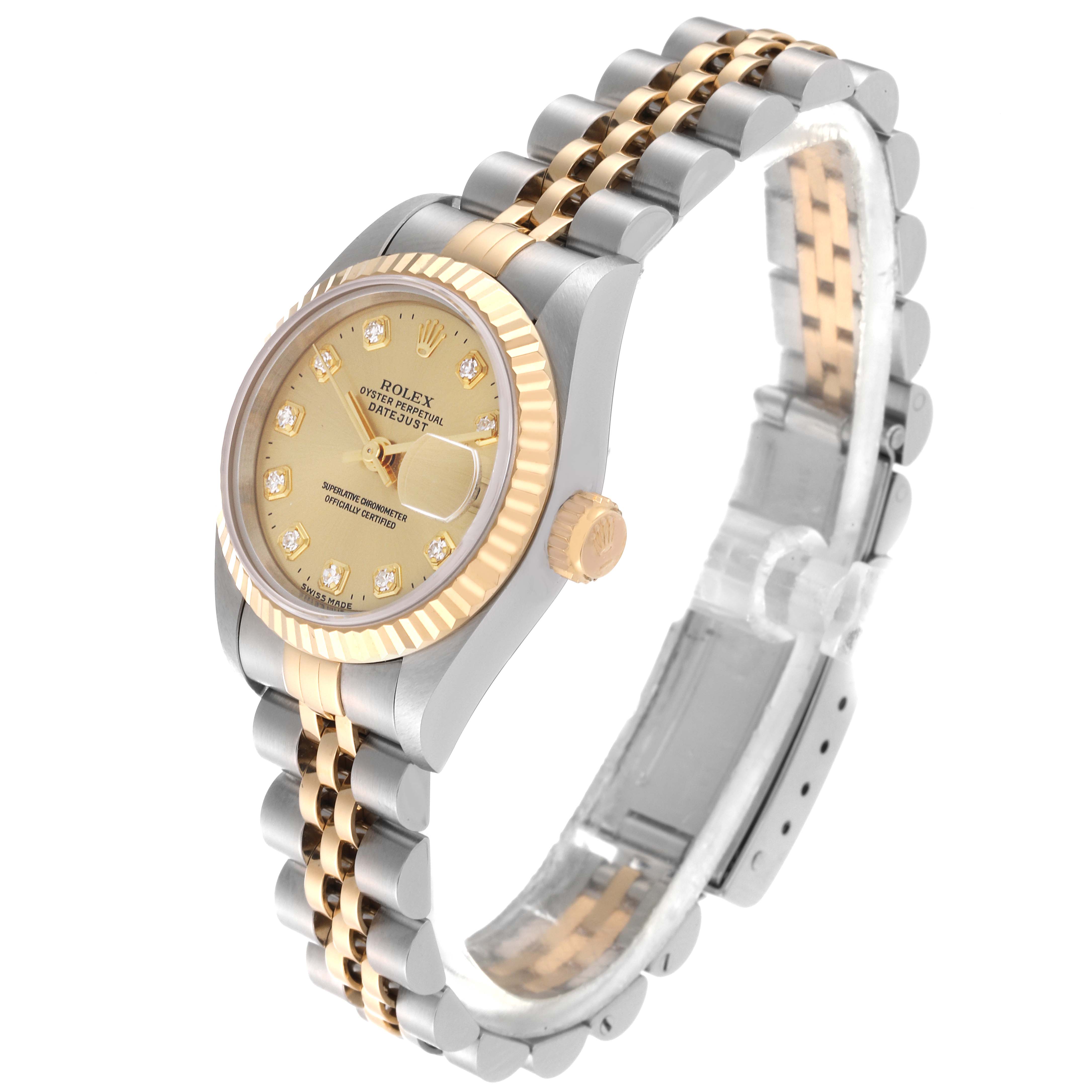 This image shows a Rolex Datejust 69173G Women's Steel and Gold (two tone) Champagne Dial 69173G Women's Steel and Gold (two tone) Champagne Dial watch at a slight angle, highlighting the dial, bezel, crown, and bracelet.