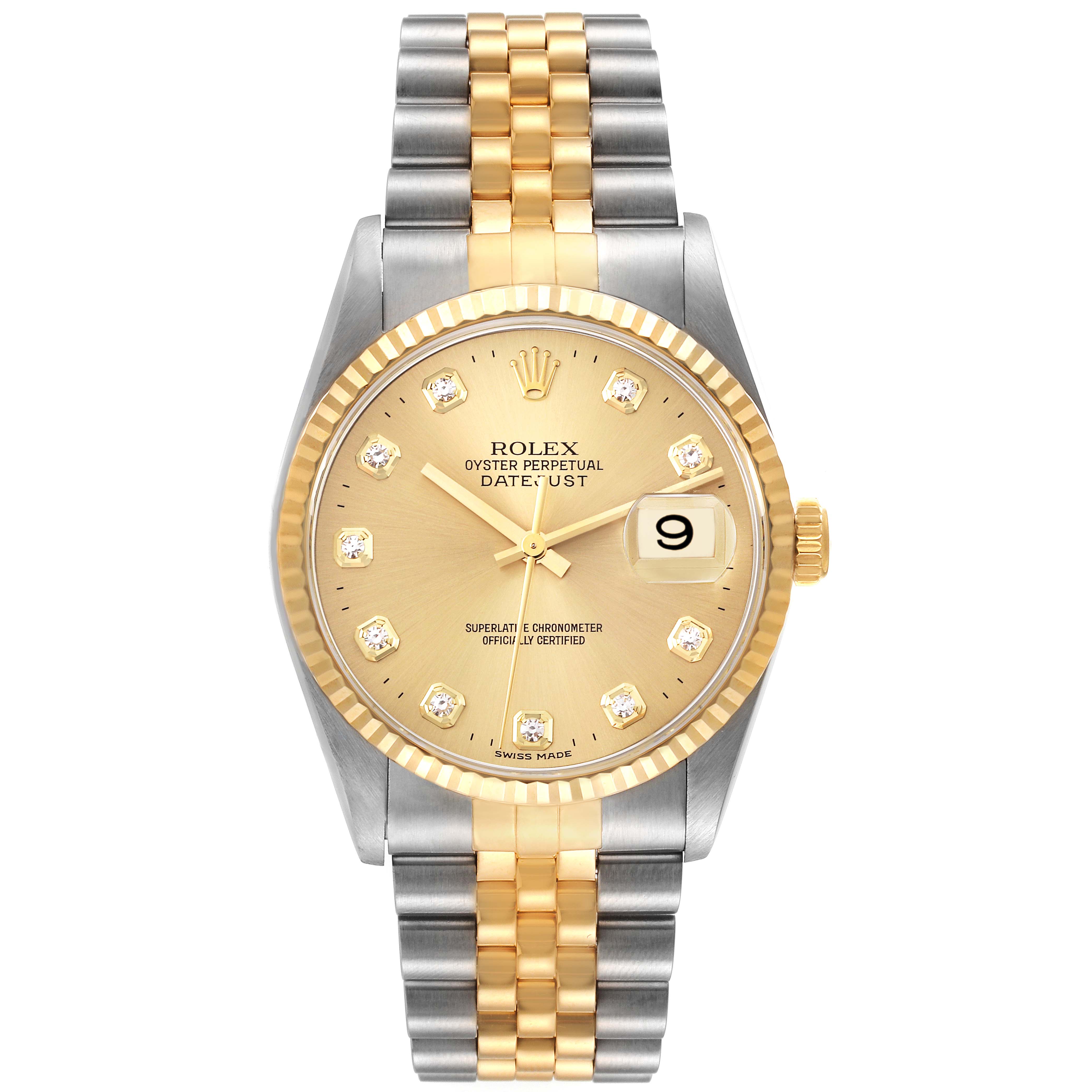 This image features a Rolex Datejust 16233 Men's Steel and Gold (two tone) Champagne Dial 16233 Men's Steel and Gold (two tone) Champagne Dial watch, shown from a front angle, displaying its face, bezel, and bracelet.