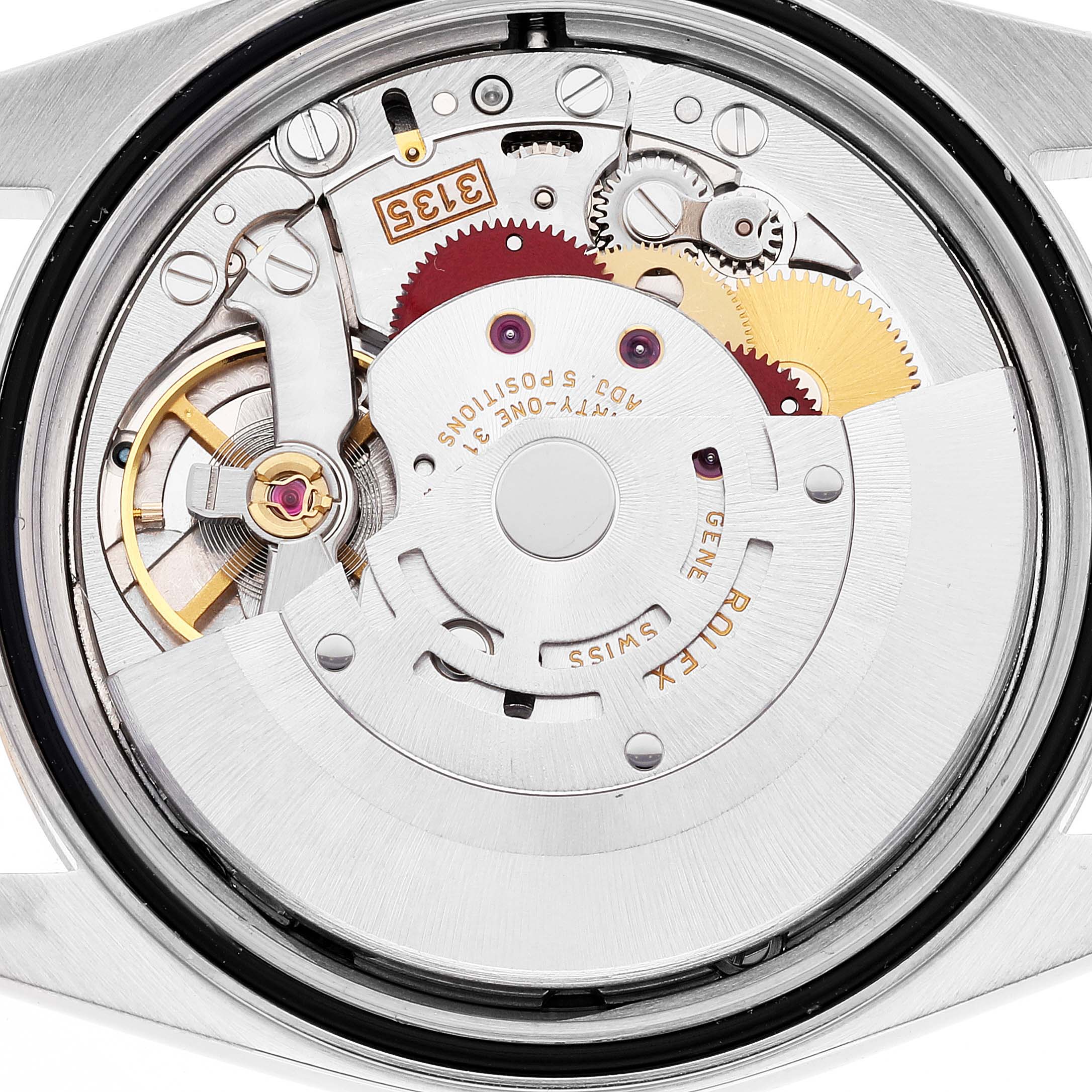 The image displays the internal movement mechanism of a Rolex Datejust 16233 Men's Steel and Gold (two tone) Champagne Dial 16233 Men's Steel and Gold (two tone) Champagne Dial watch from a rear angle.