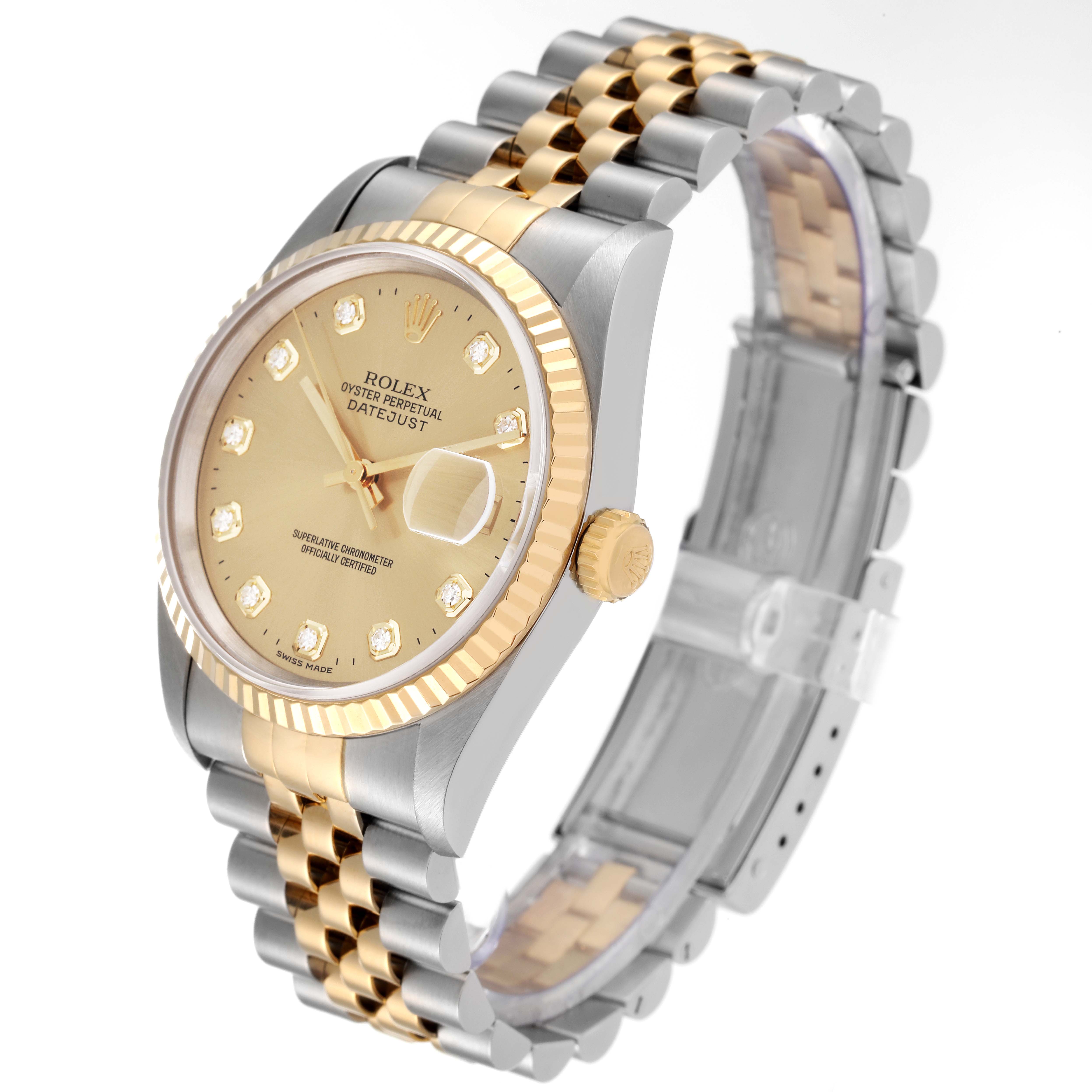 The image shows a side view of a Rolex Datejust 16233 Men's Steel and Gold (two tone) Champagne Dial 16233 Men's Steel and Gold (two tone) Champagne Dial watch, highlighting its bezel, crown, dial, and two-tone jubilee bracelet.