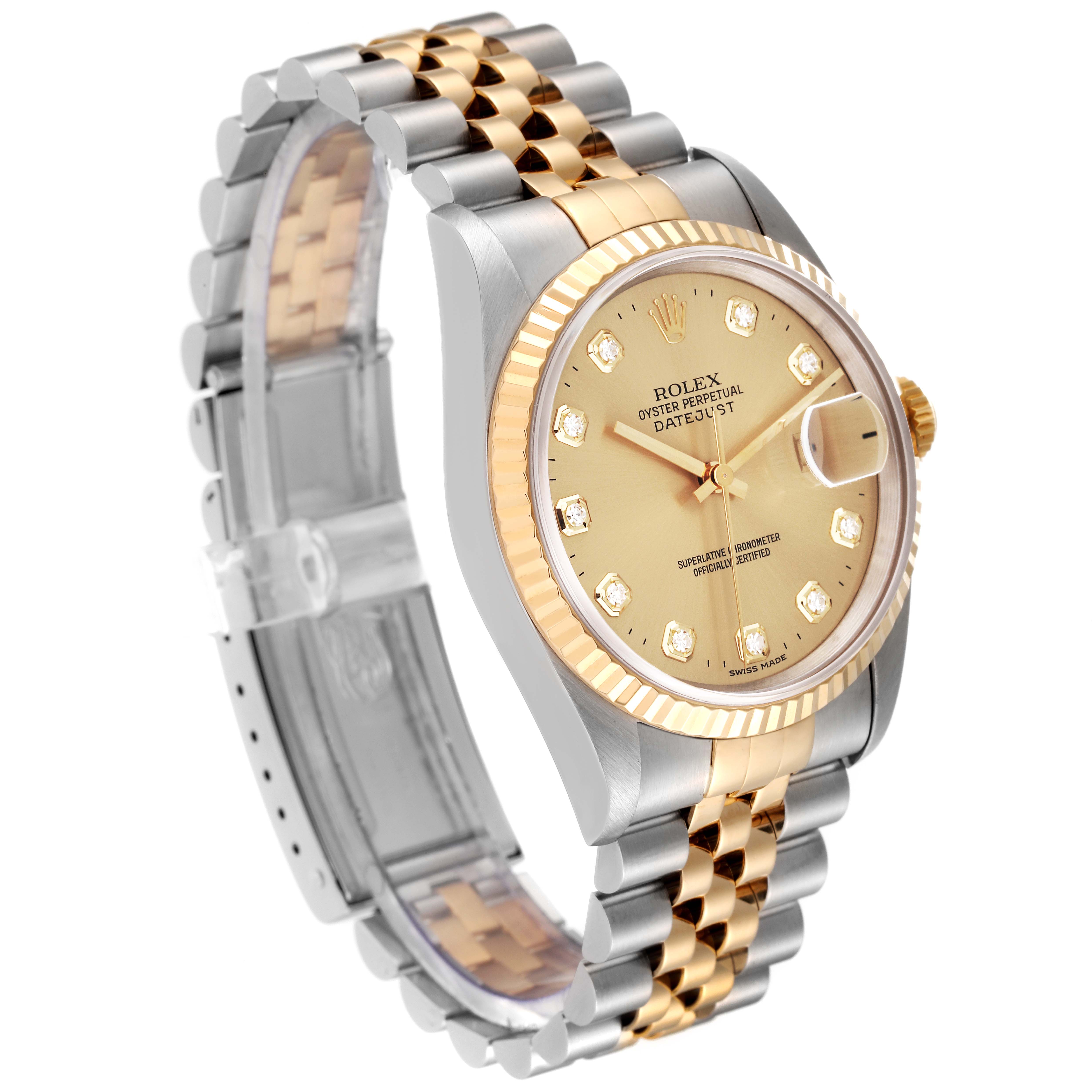 The image shows a side angle view of a Rolex Datejust 16233 Men's Steel and Gold (two tone) Champagne Dial 16233 Men's Steel and Gold (two tone) Champagne Dial watch, highlighting its bracelet, bezel, and face.