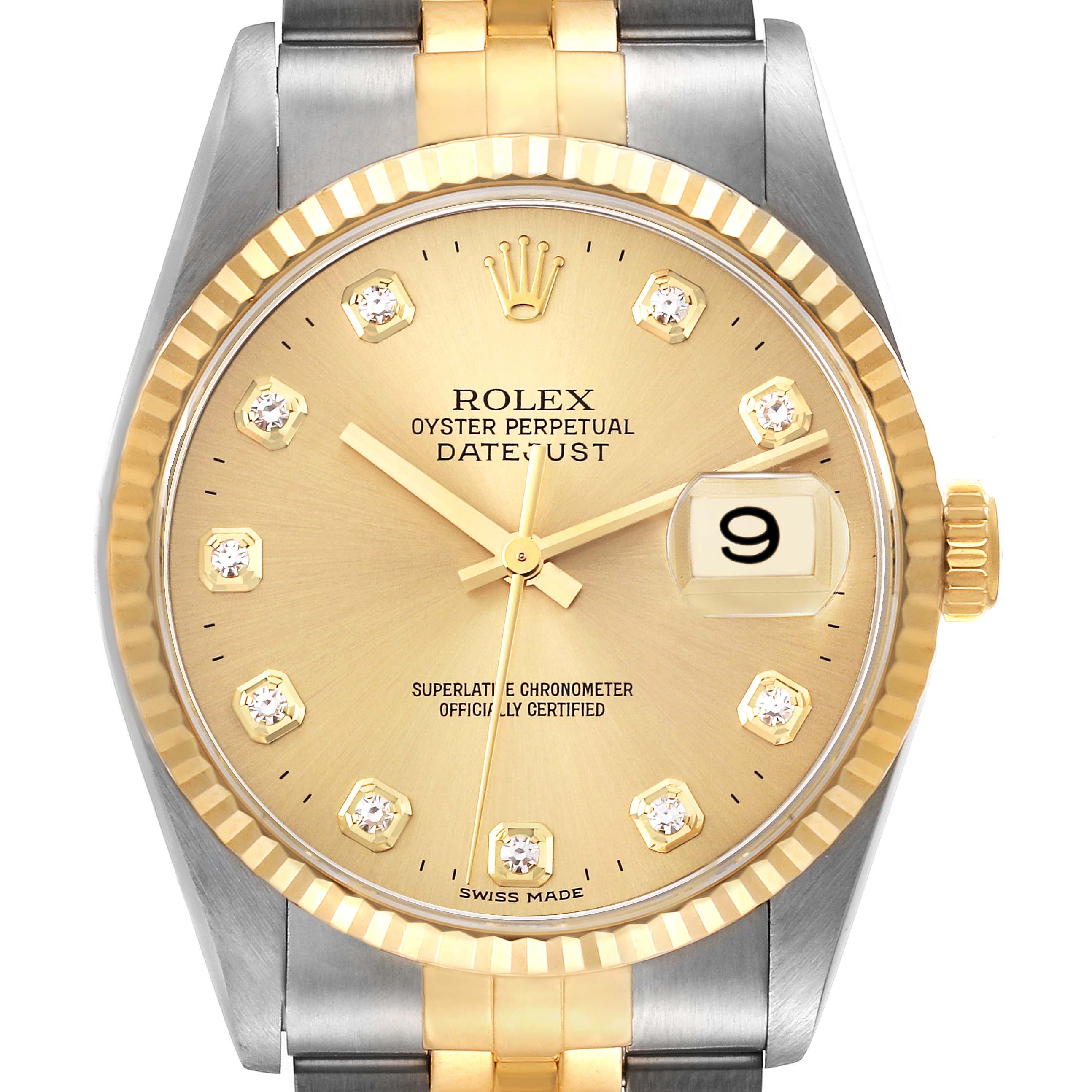 The image shows a close-up, front view of the watch face and part of the band of the Rolex Datejust 16233 Men's Steel and Gold (two tone) Champagne Dial 16233 Men's Steel and Gold (two tone) Champagne Dial model.