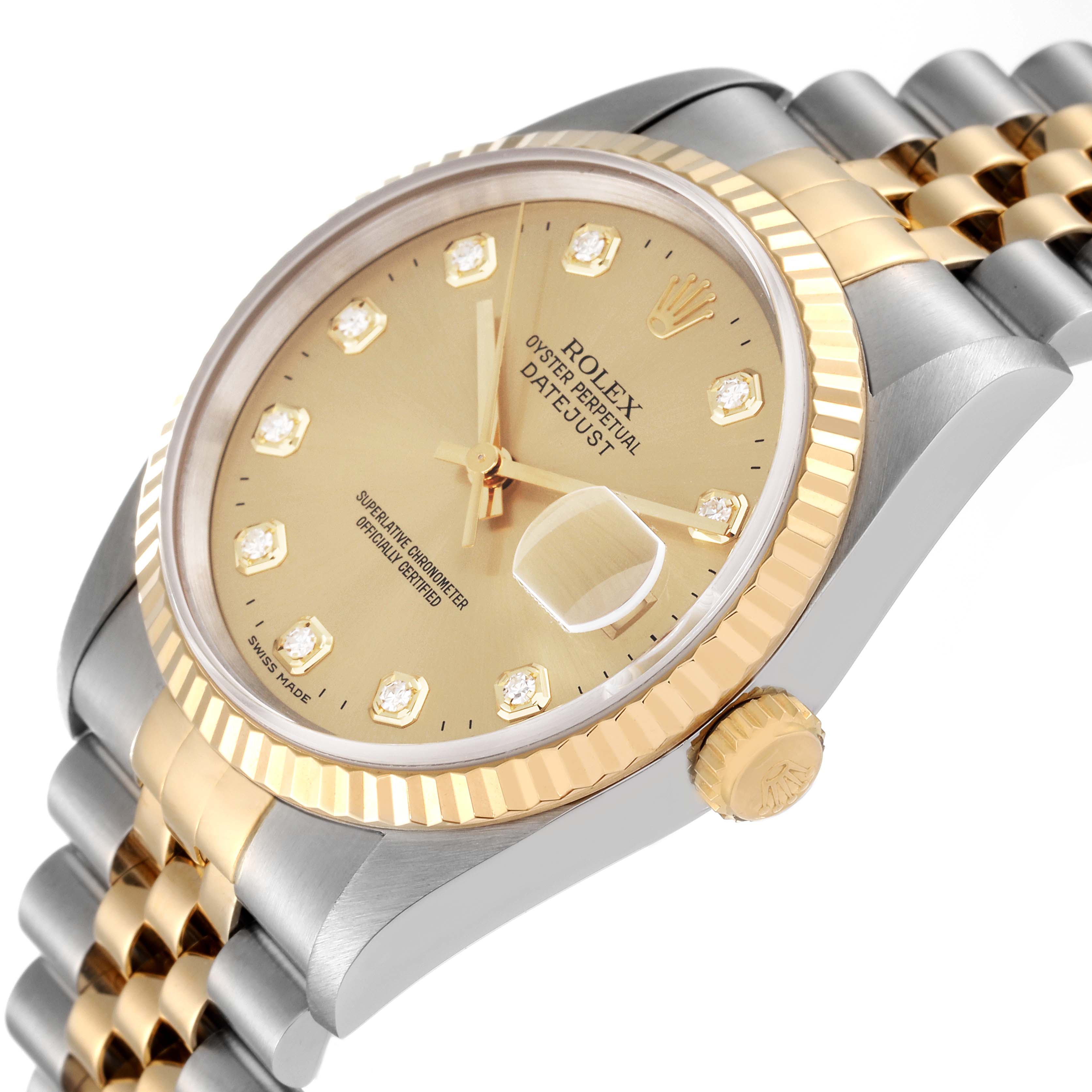 The image shows a Rolex Datejust 16233 Men's Steel and Gold (two tone) Champagne Dial 16233 Men's Steel and Gold (two tone) Champagne Dial watch angled from the right side, highlighting the dial, fluted bezel, and part of the bracelet.