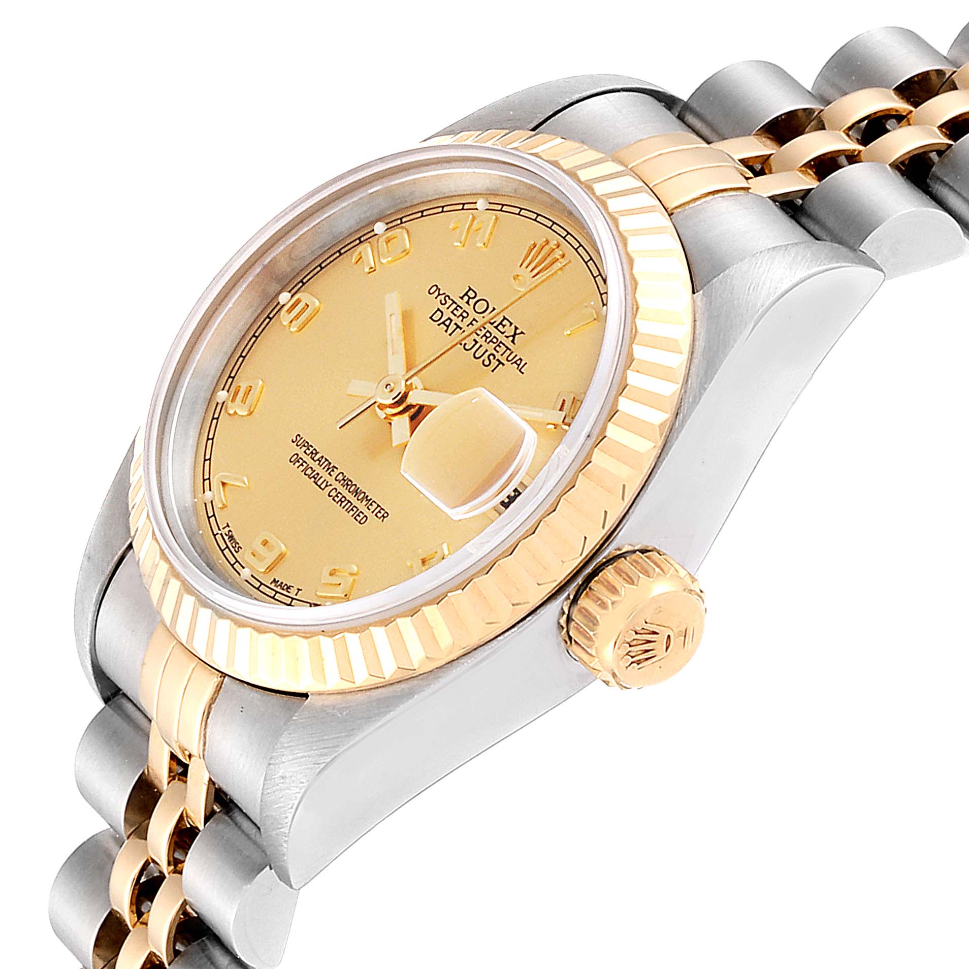 This image shows a side and face angle of the Rolex Datejust 69173 Women's Steel and Gold (two tone) Champagne Dial 69173 Women's Steel and Gold (two tone) Champagne Dial watch, highlighting the gold bezel, crown, and part of the bracelet.