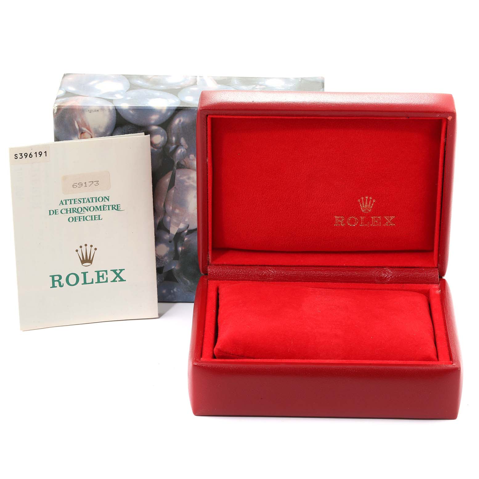 The image shows an open red Rolex Datejust 69173 Women's Steel and Gold (two tone) Champagne Dial 69173 Women's Steel and Gold (two tone) Champagne Dial watch box, certificate, and outer box, viewed from the front.