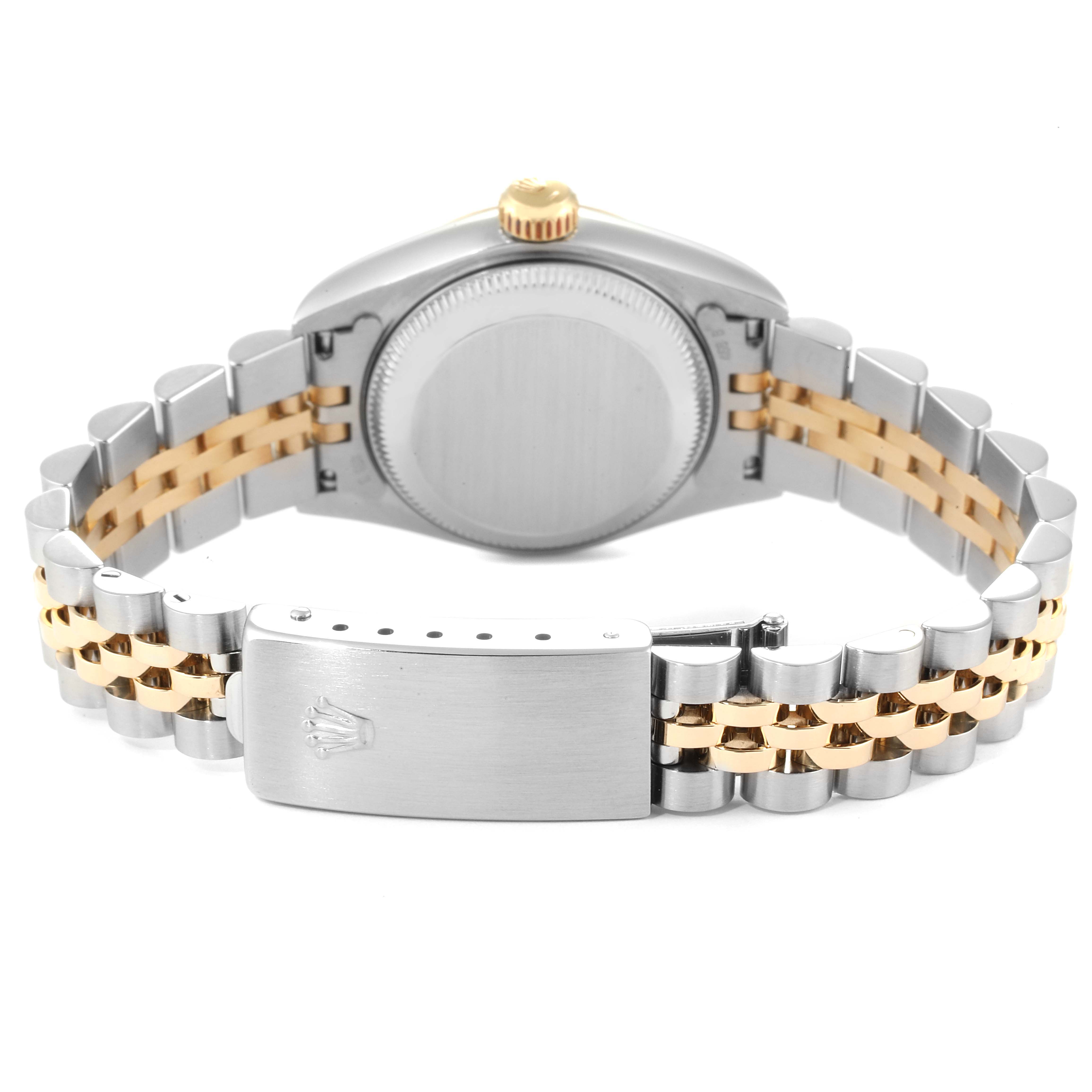 This image shows the back view of a Rolex Datejust 69173 Women's Steel and Gold (two tone) Champagne Dial 69173 Women's Steel and Gold (two tone) Champagne Dial watch, highlighting its case, crown, and two-tone bracelet.