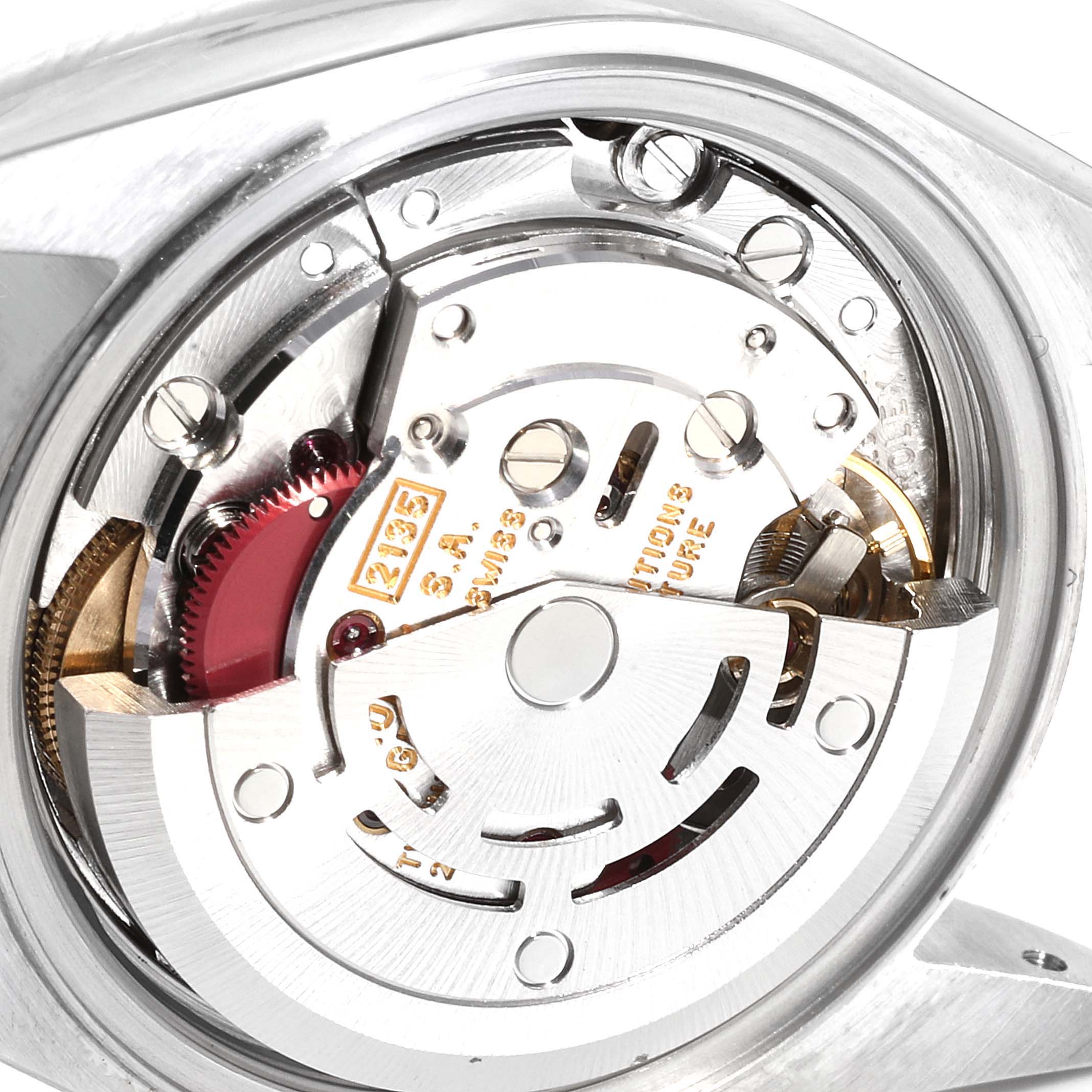 The image shows an angled close-up of the movement inside a Rolex Datejust 69173 Women's Steel and Gold (two tone) Champagne Dial 69173 Women's Steel and Gold (two tone) Champagne Dial watch.