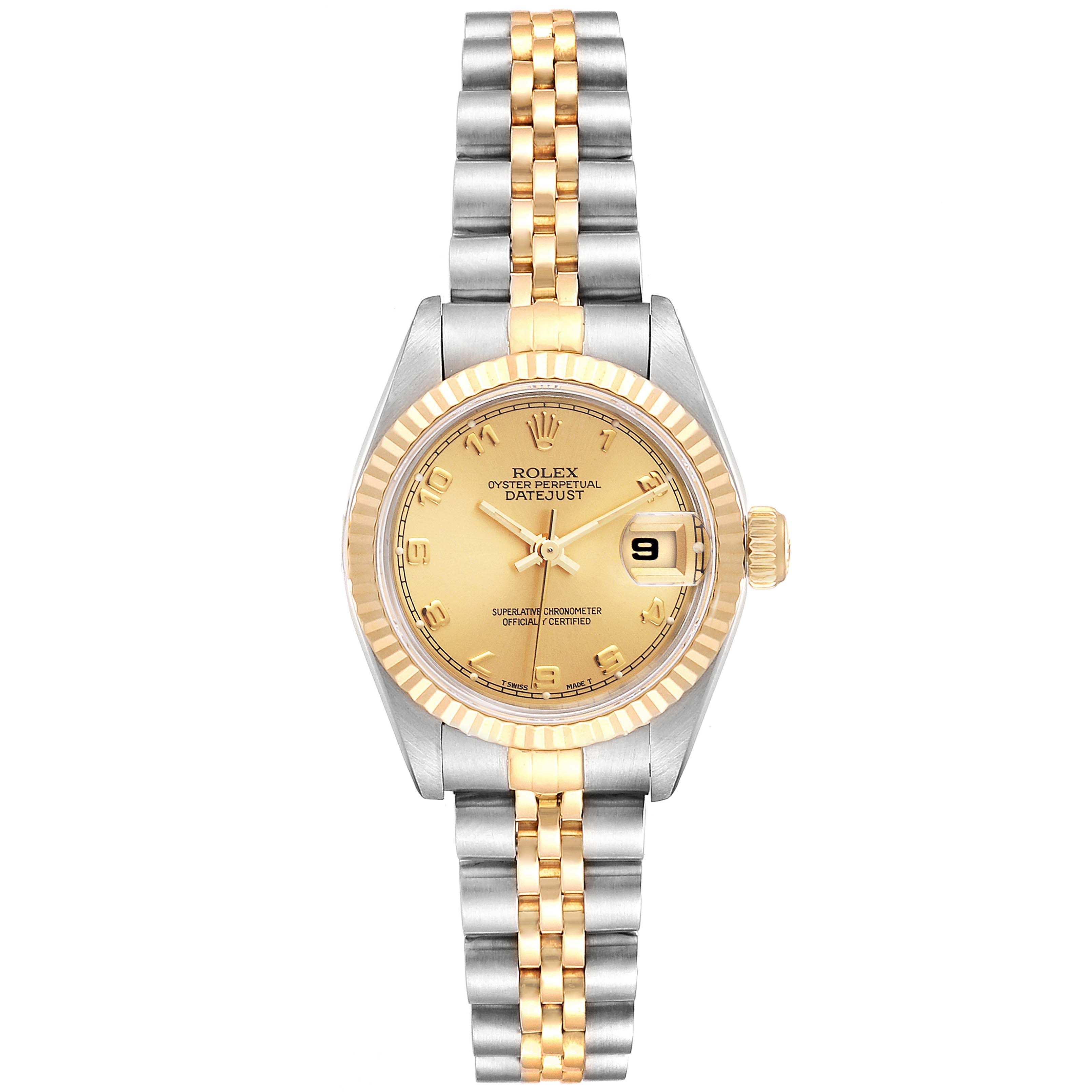 The Rolex Datejust 69173 Women's Steel and Gold (two tone) Champagne Dial 69173 Women's Steel and Gold (two tone) Champagne Dial watch is shown from a top-down angle, highlighting its dial, bezel, and two-tone bracelet.