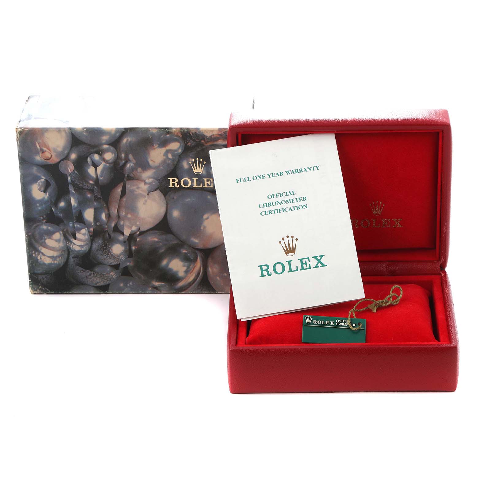 The image shows a Rolex Datejust 79163 Women
s Steel and Gold (two tone) Mother of Pearl Dial 79163 Women
s Steel and Gold (two tone) Mother of Pearl Dial
s box, certificate, and tag, viewed from the front.