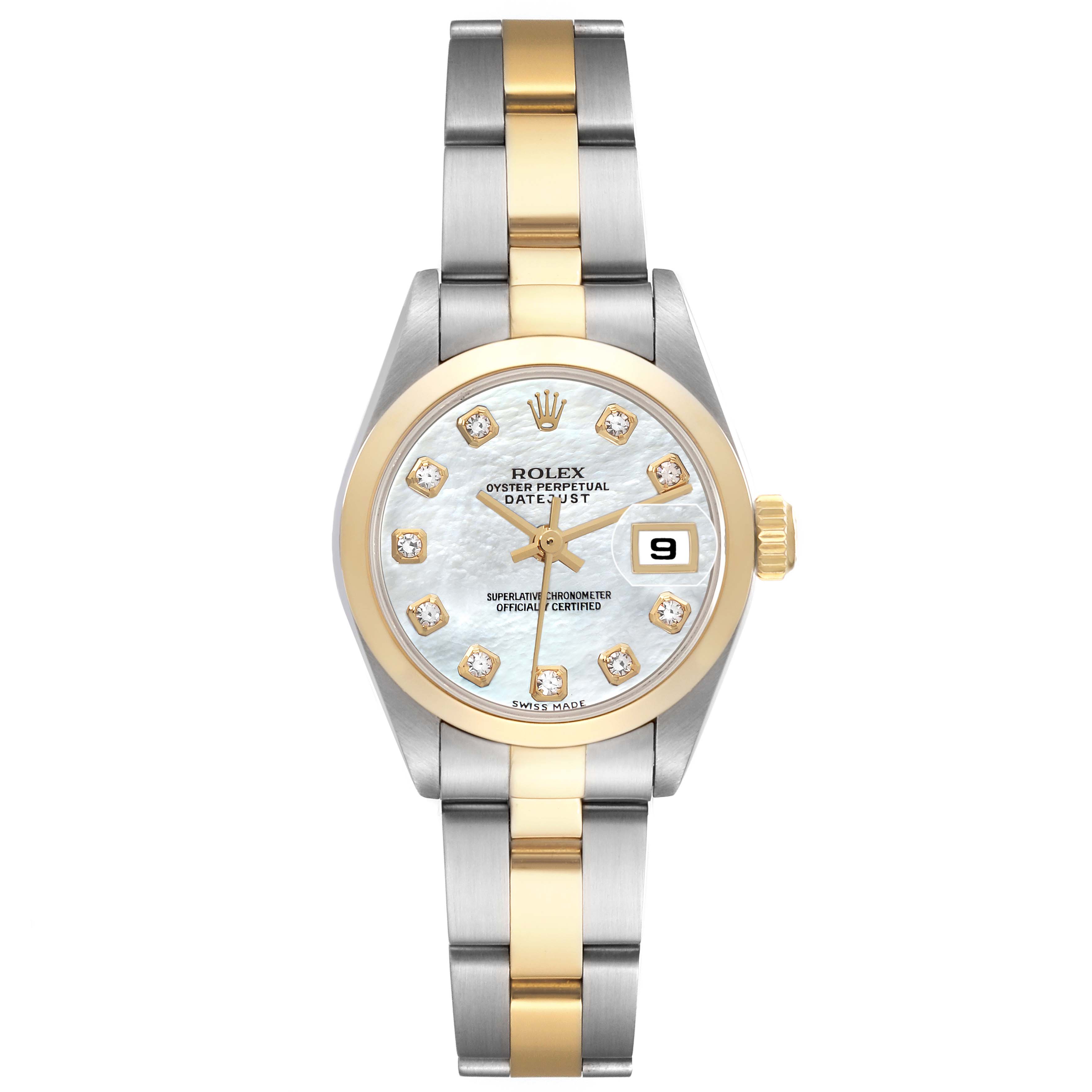 The Rolex Datejust 79163 Women
s Steel and Gold (two tone) Mother of Pearl Dial 79163 Women
s Steel and Gold (two tone) Mother of Pearl Dial is shown from a top-down angle, displaying the dial, bezel, bracelet, and crown.