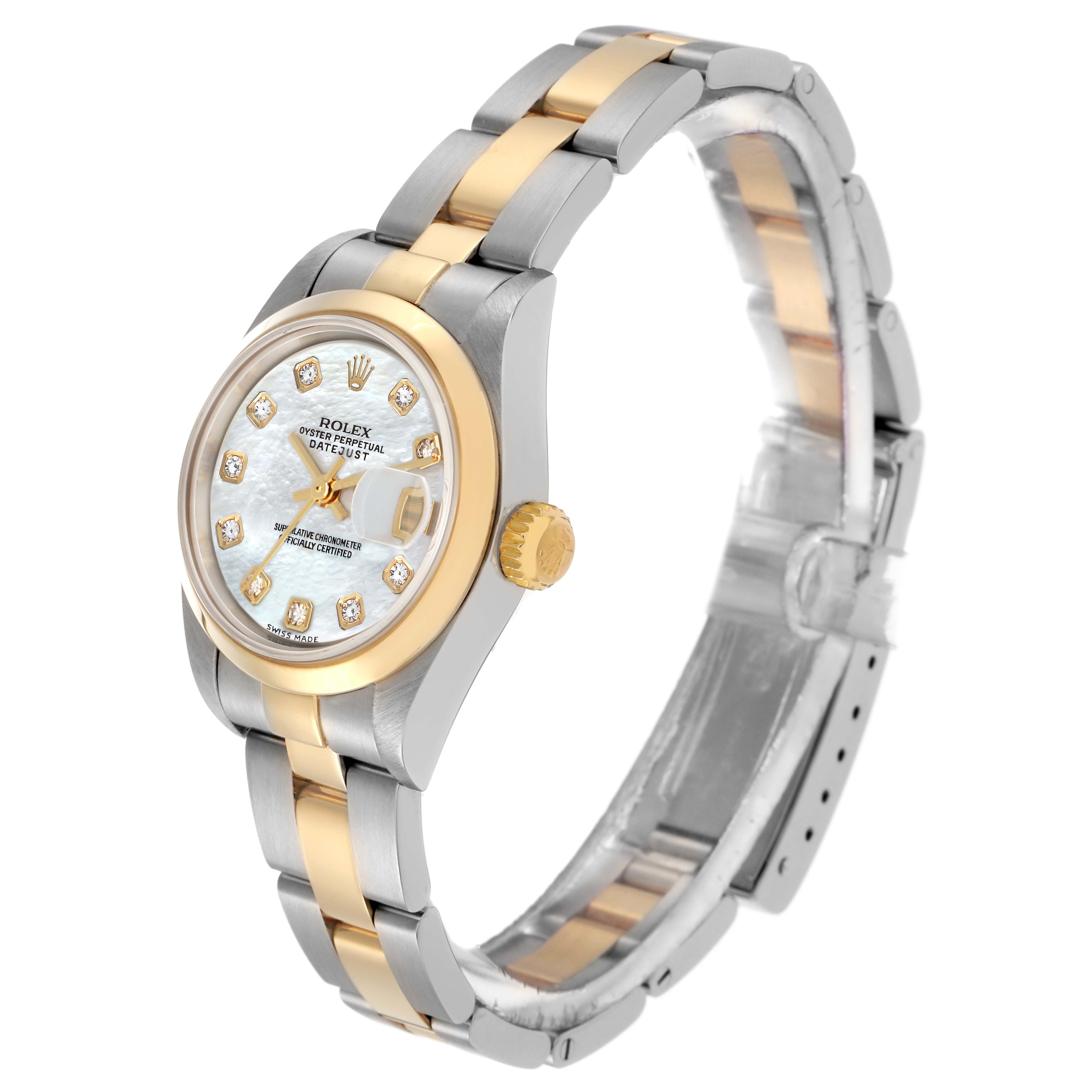 The Rolex Datejust 79163 Women
s Steel and Gold (two tone) Mother of Pearl Dial 79163 Women
s Steel and Gold (two tone) Mother of Pearl Dial watch is shown at a three-quarter angle, highlighting the gold bezel, dial, bracelet, and side crown.