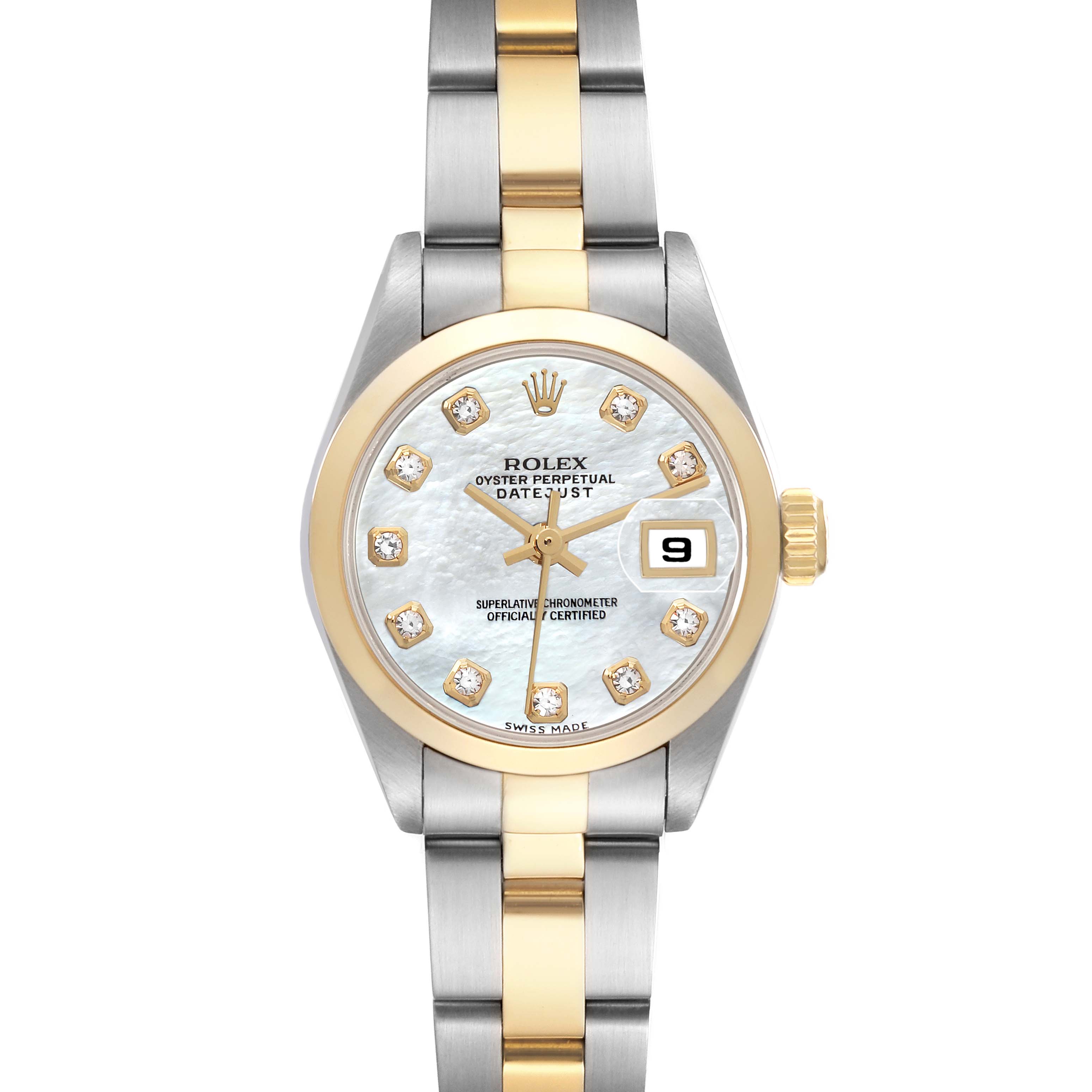 The Rolex Datejust 79163 Women
s Steel and Gold (two tone) Mother of Pearl Dial 79163 Women
s Steel and Gold (two tone) Mother of Pearl Dial watch is shown from the front, highlighting the dial, bezel, hands, and bracelet.