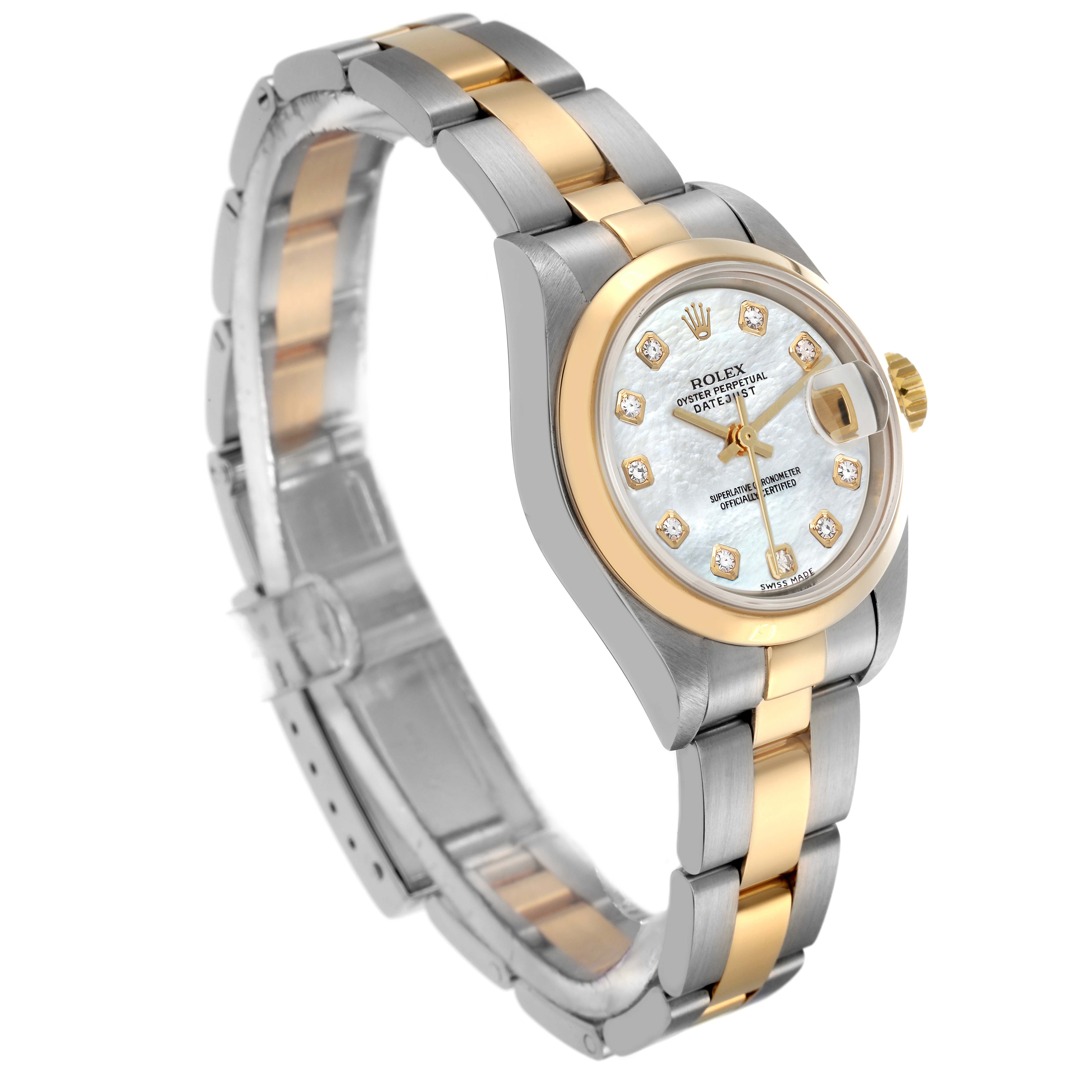 The Rolex Datejust 79163 Women
s Steel and Gold (two tone) Mother of Pearl Dial 79163 Women
s Steel and Gold (two tone) Mother of Pearl Dial watch is shown from an angled perspective, highlighting the two-tone bracelet and diamond-accented mother-of-pearl dial.