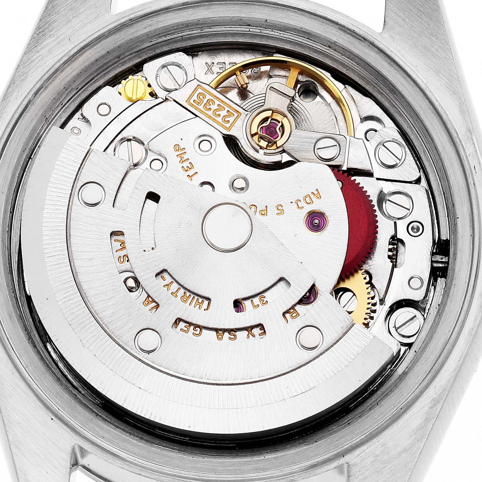 The image shows the movement mechanism of a Rolex Datejust 79163 Women
s Steel and Gold (two tone) Mother of Pearl Dial 79163 Women
s Steel and Gold (two tone) Mother of Pearl Dial watch, viewed from the back.