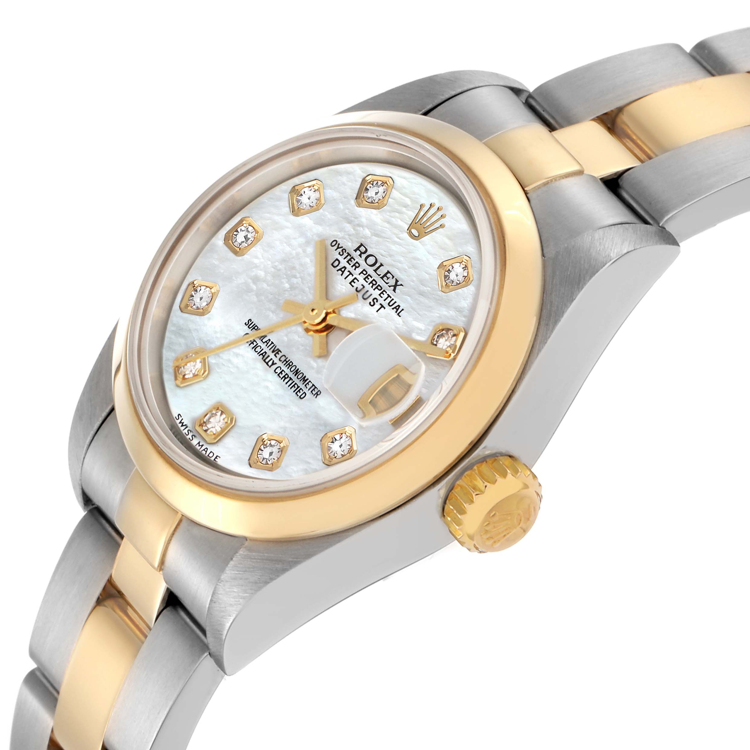The Rolex Datejust 79163 Women
s Steel and Gold (two tone) Mother of Pearl Dial 79163 Women
s Steel and Gold (two tone) Mother of Pearl Dial watch is shown at a slight angle, highlighting the dial, bezel, crown, and part of the bracelet.