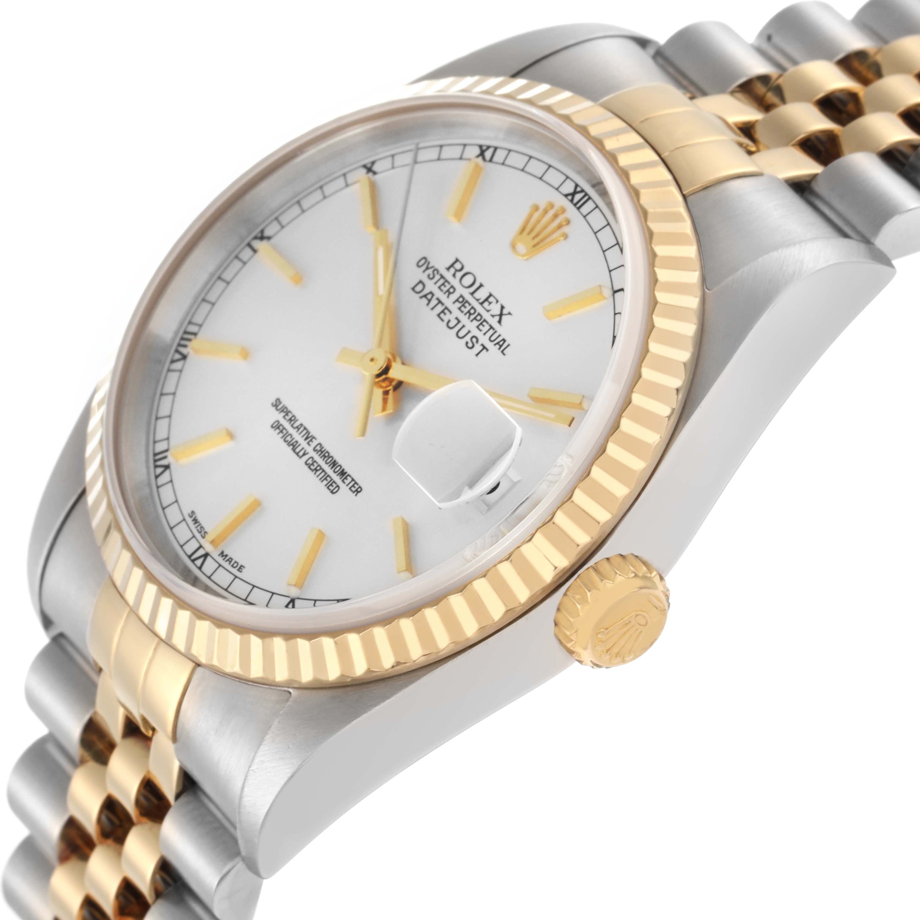 The Rolex Datejust 16233 Men
s Steel and Gold (two tone) Silver Dial 16233 Men
s Steel and Gold (two tone) Silver Dial watch is shown at an angle highlighting the bezel, crown, dial, and part of the bracelet.