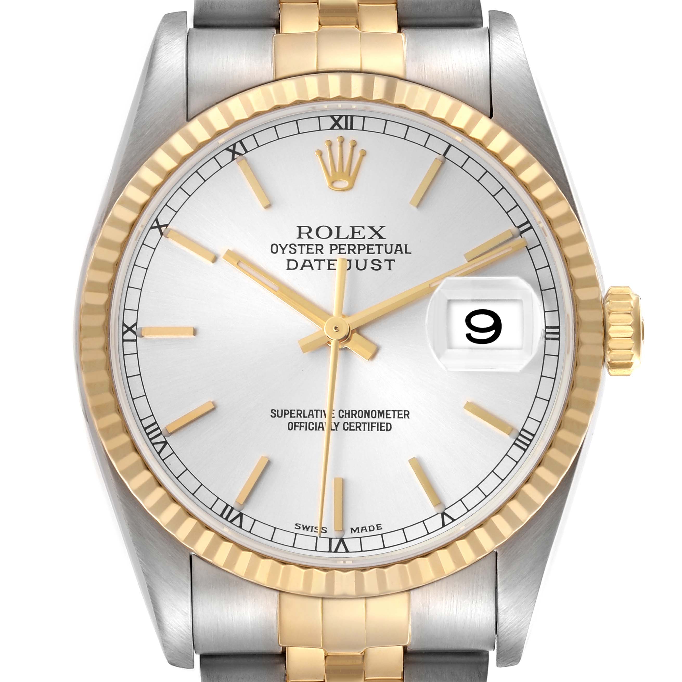 The Rolex Datejust 16233 Men
s Steel and Gold (two tone) Silver Dial 16233 Men
s Steel and Gold (two tone) Silver Dial watch is shown from a front angle, displaying its dial, bezel, and part of the bracelet.