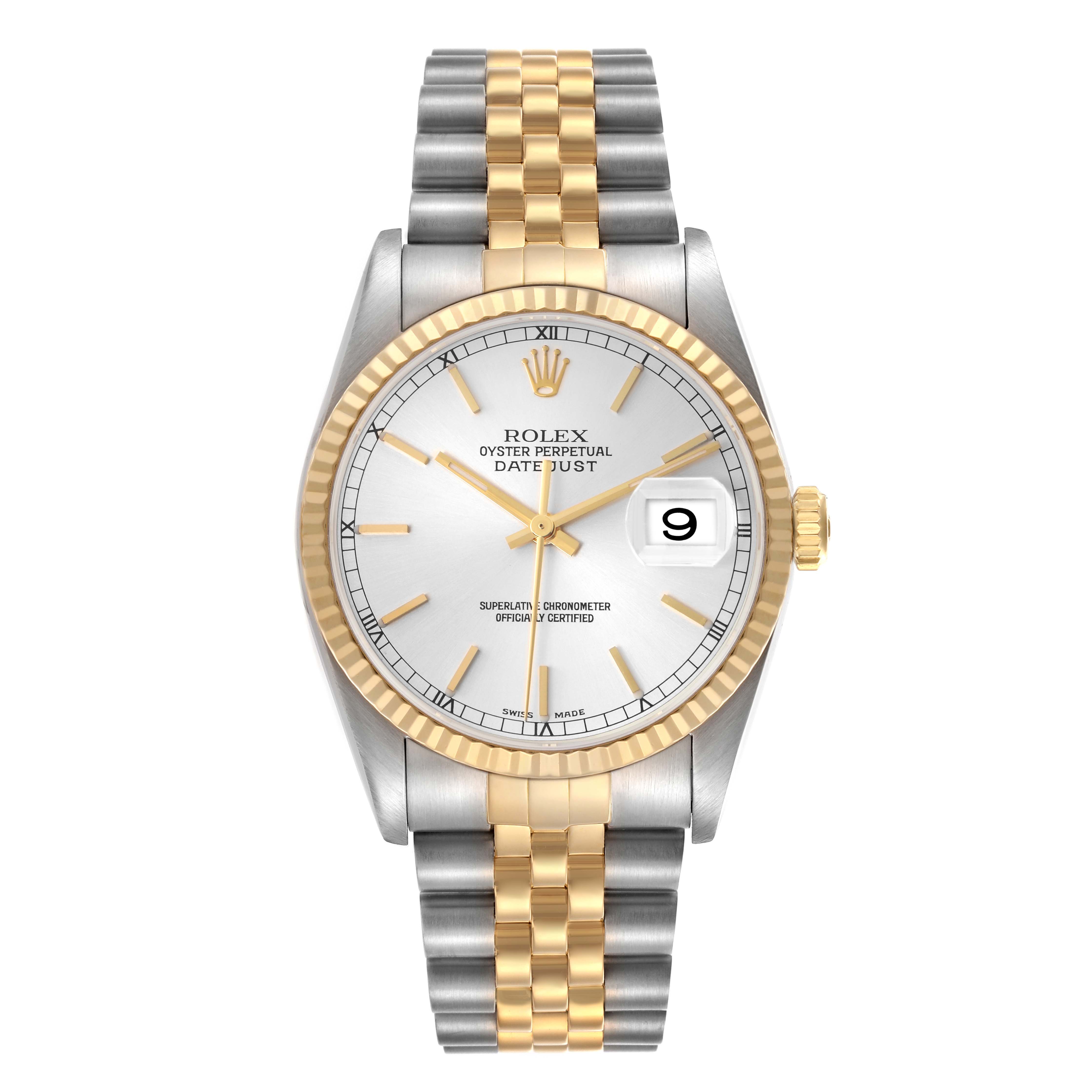 This Rolex Datejust 16233 Men
s Steel and Gold (two tone) Silver Dial 16233 Men
s Steel and Gold (two tone) Silver Dial watch is shown from a top-down angle, featuring a two-tone bracelet, a silver dial, and a gold fluted bezel.