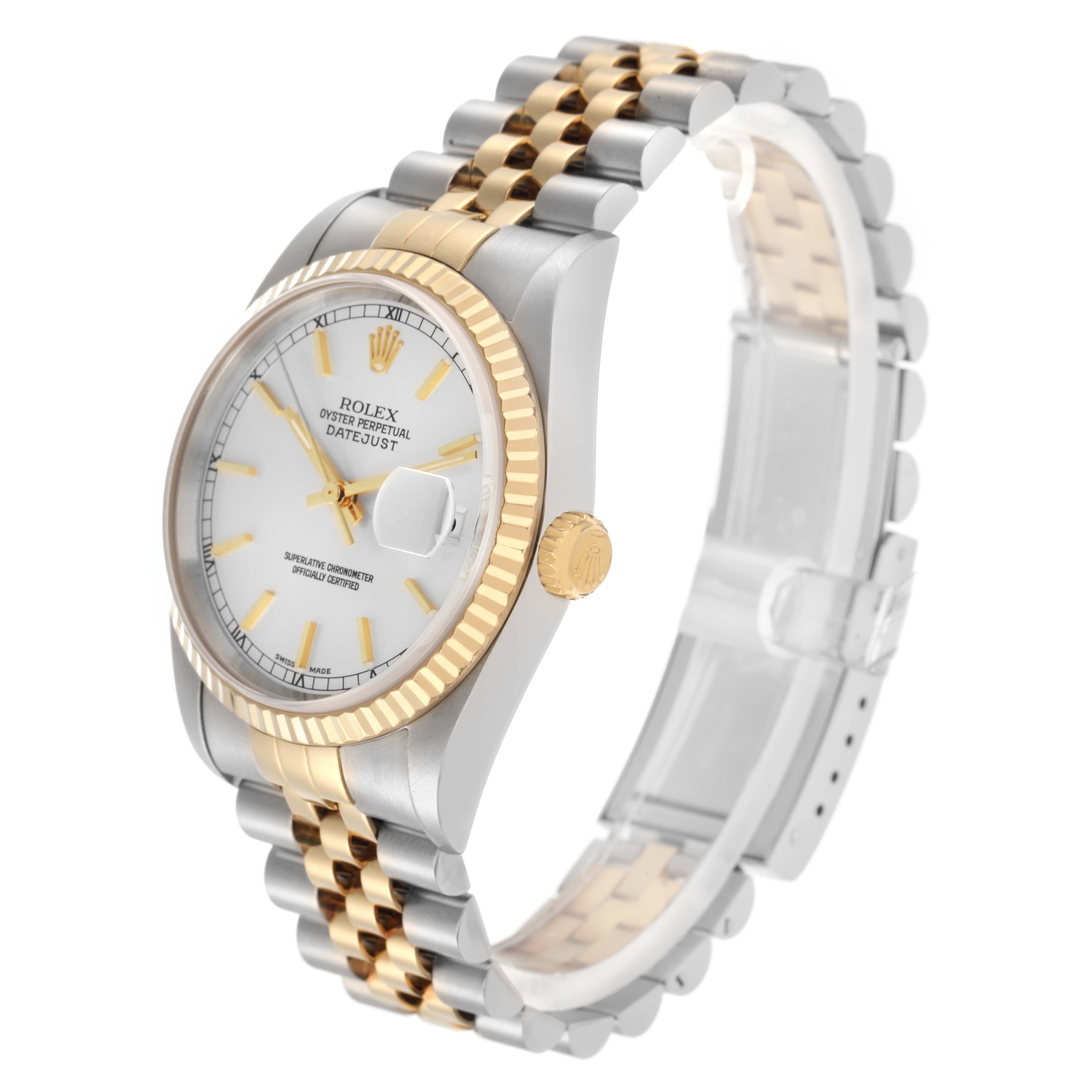 The Rolex Datejust 16233 Men
s Steel and Gold (two tone) Silver Dial 16233 Men
s Steel and Gold (two tone) Silver Dial watch is shown at a slight angle, highlighting its face, bezel, and bracelet.