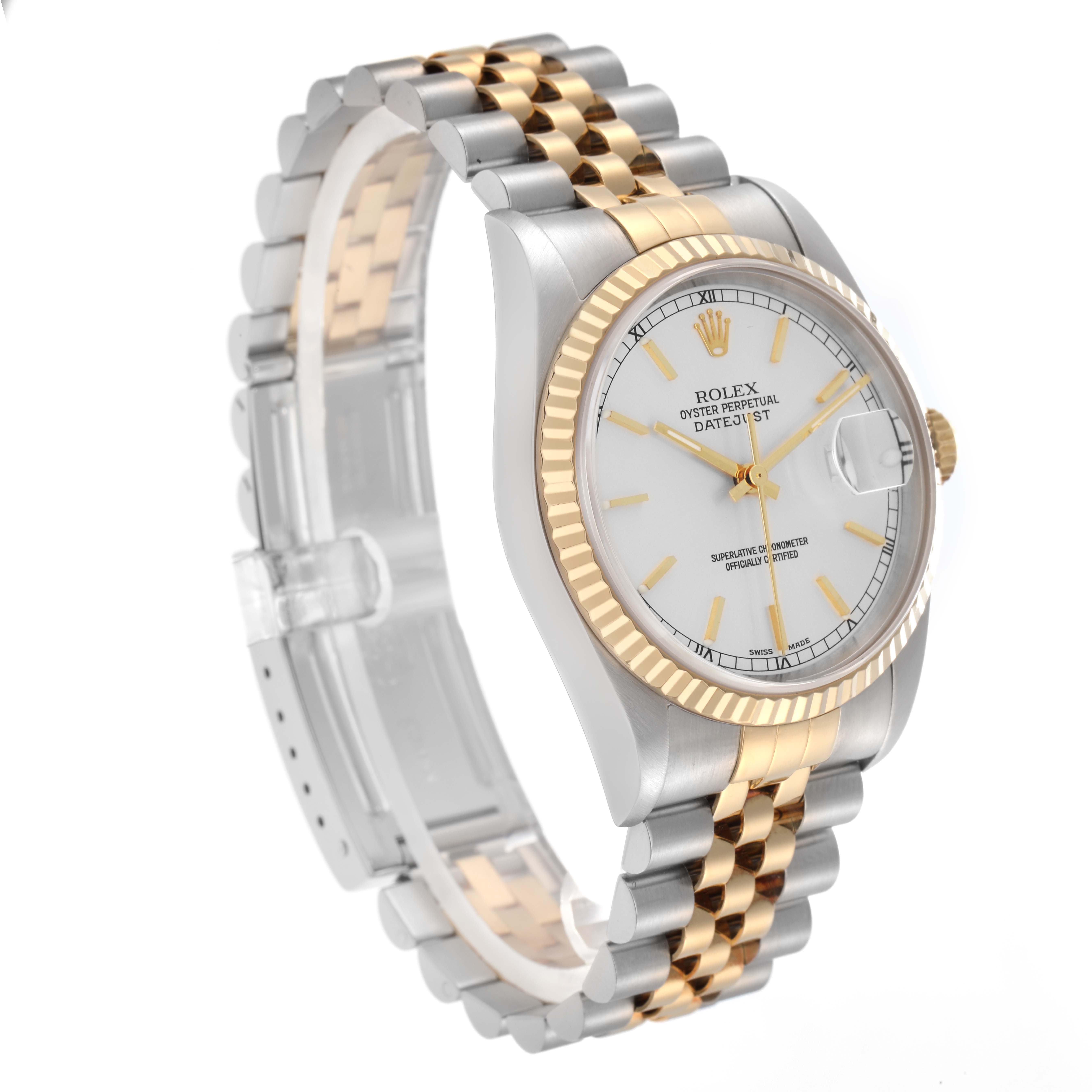The Rolex Datejust 16233 Men
s Steel and Gold (two tone) Silver Dial 16233 Men
s Steel and Gold (two tone) Silver Dial watch is shown at a three-quarter angle, highlighting the dial, bezel, and two-tone bracelet.