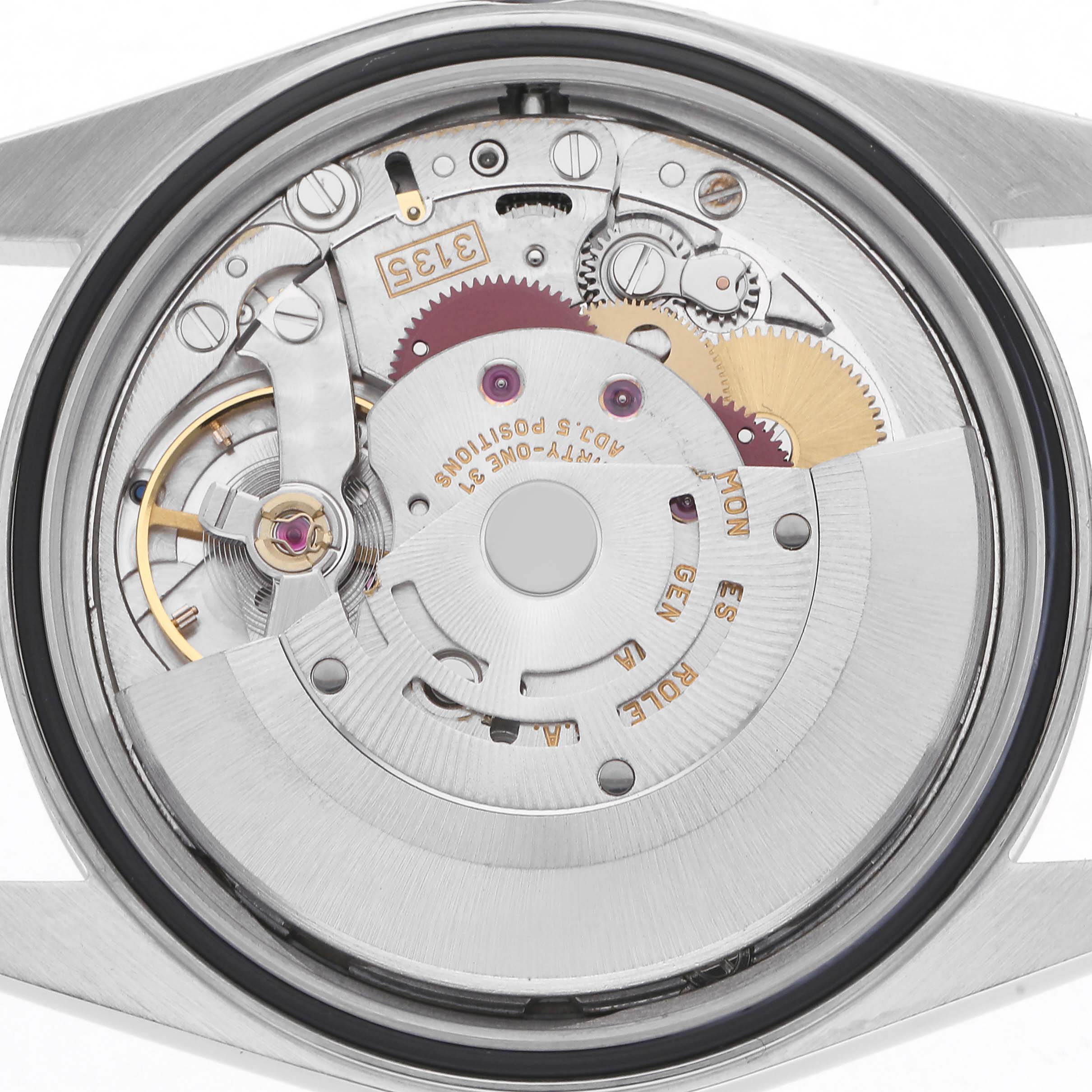 The image shows the internal mechanism of a Rolex Datejust 16233 Men
s Steel and Gold (two tone) Silver Dial 16233 Men
s Steel and Gold (two tone) Silver Dial watch from the back, highlighting gears and components.