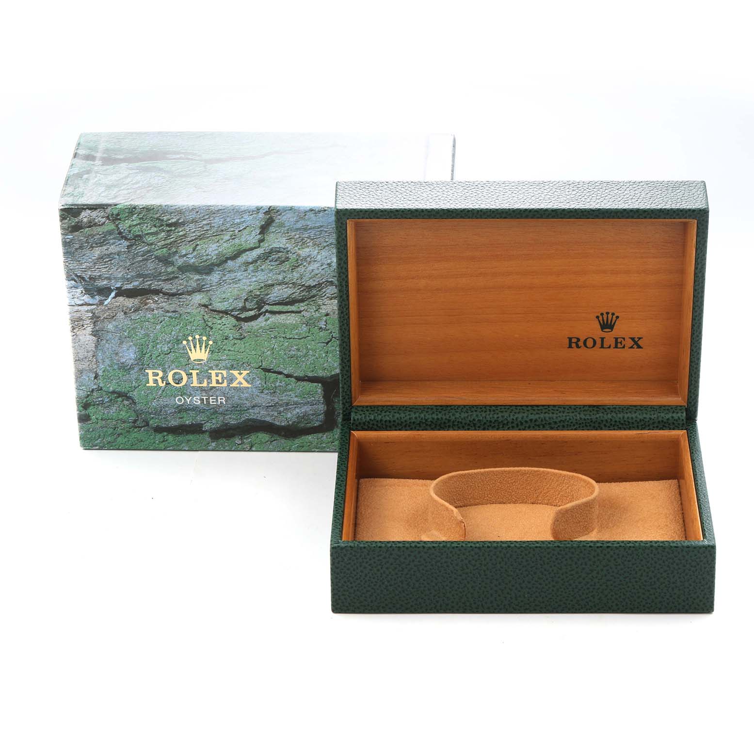 The image shows an open Rolex Datejust 16233 Men
s Steel and Gold (two tone) Silver Dial 16233 Men
s Steel and Gold (two tone) Silver Dial box, featuring a green and wood finish with "Rolex" branding.