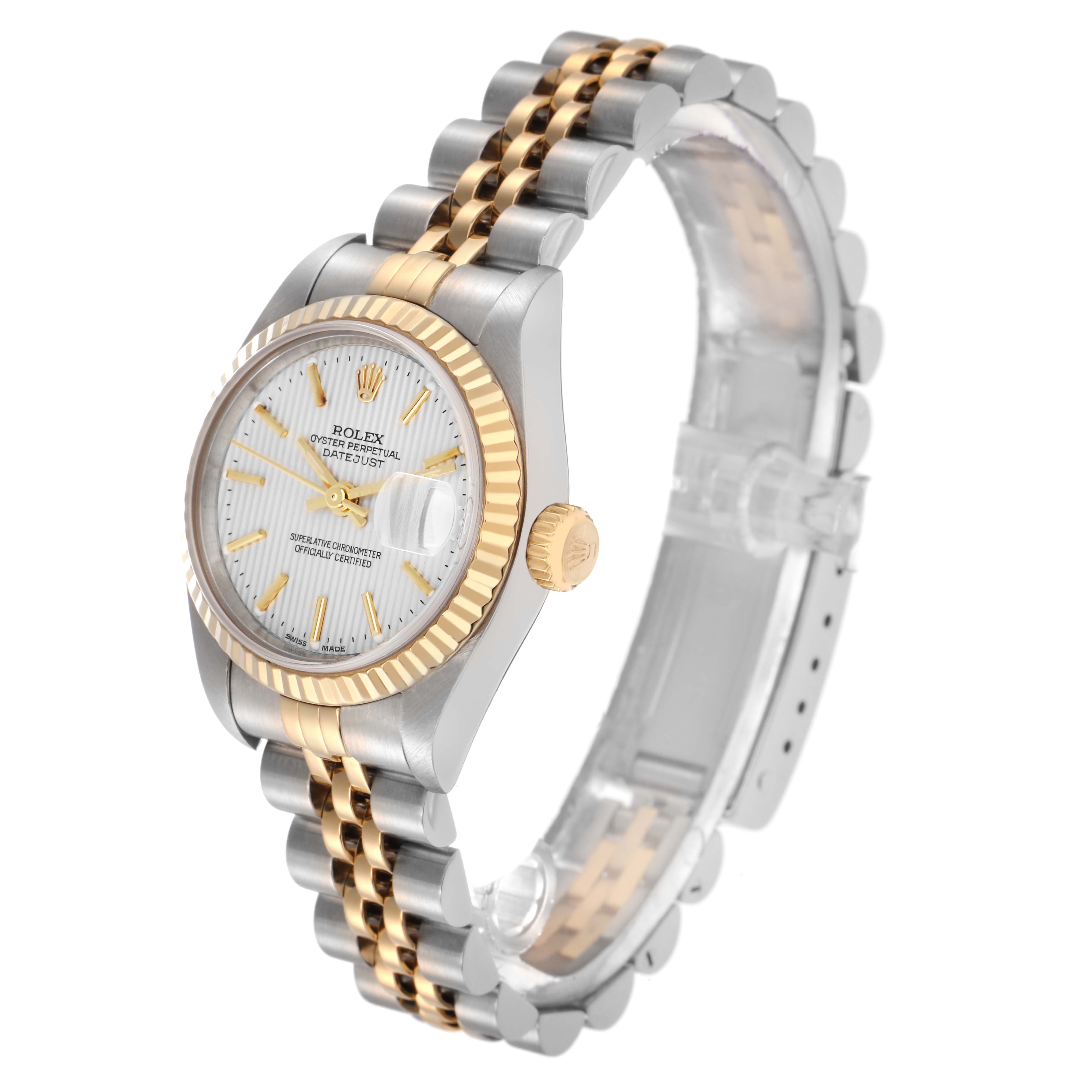 The Rolex Datejust 79173 Women
s Steel and Gold (two tone) Silver Dial 79173 Women
s Steel and Gold (two tone) Silver Dial watch is shown at an angled side view, highlighting the face, bezel, crown, and bracelet.