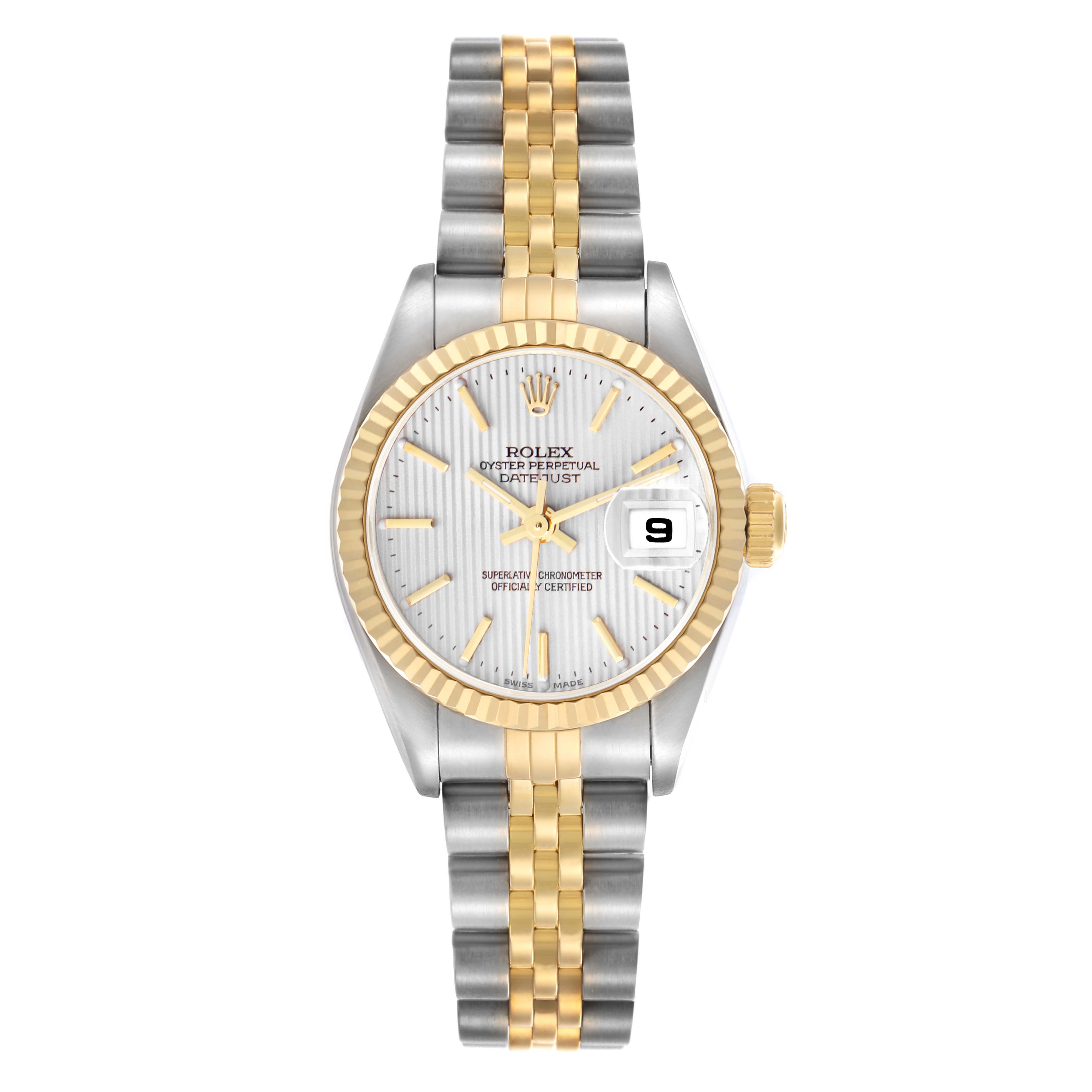 The Rolex Datejust 79173 Women
s Steel and Gold (two tone) Silver Dial 79173 Women
s Steel and Gold (two tone) Silver Dial watch is shown from a front angle, displaying the face, bezel, crown, and bracelet.