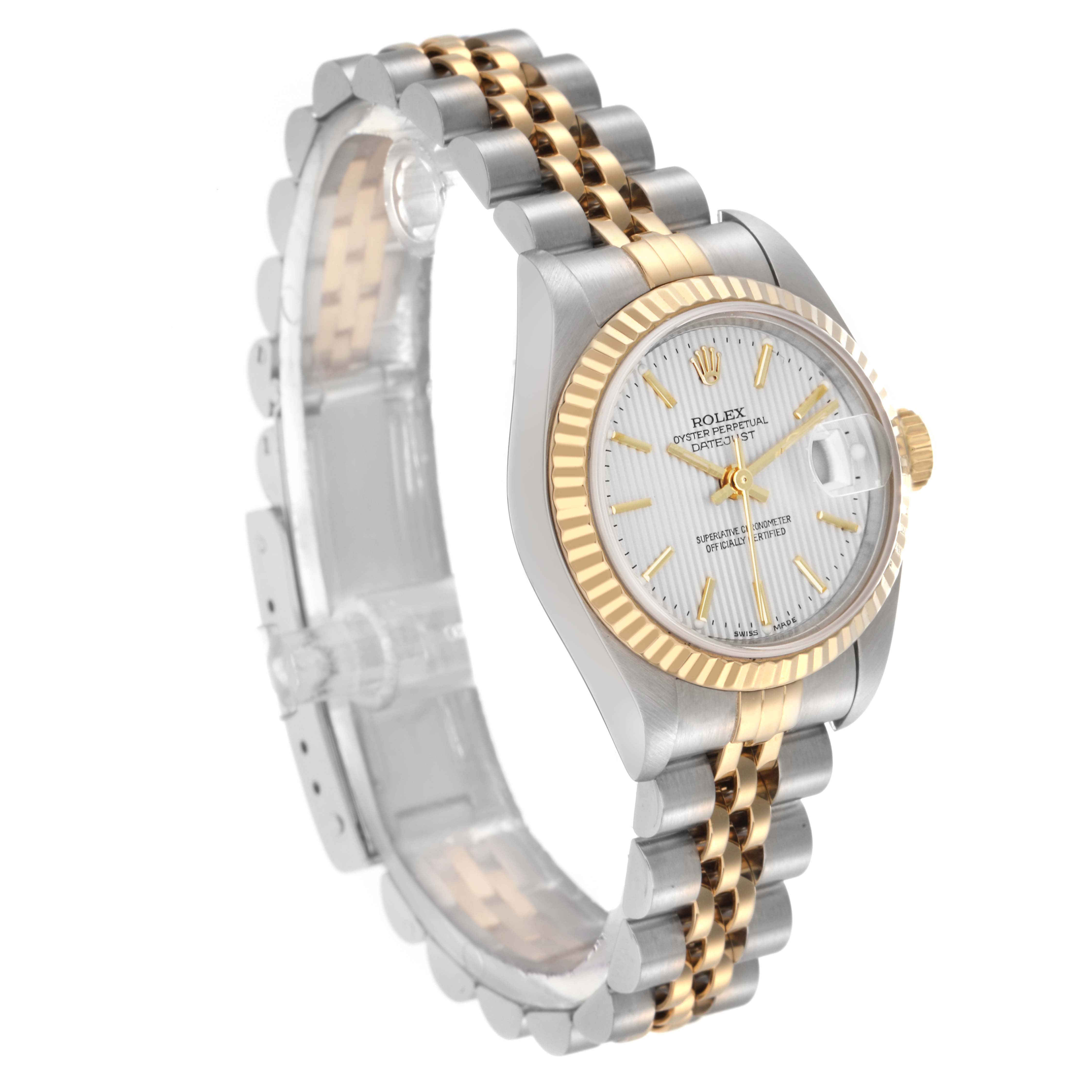 The Rolex Datejust 79173 Women
s Steel and Gold (two tone) Silver Dial 79173 Women
s Steel and Gold (two tone) Silver Dial is shown at a three-quarter angle, highlighting the bracelet, fluted bezel, and face.