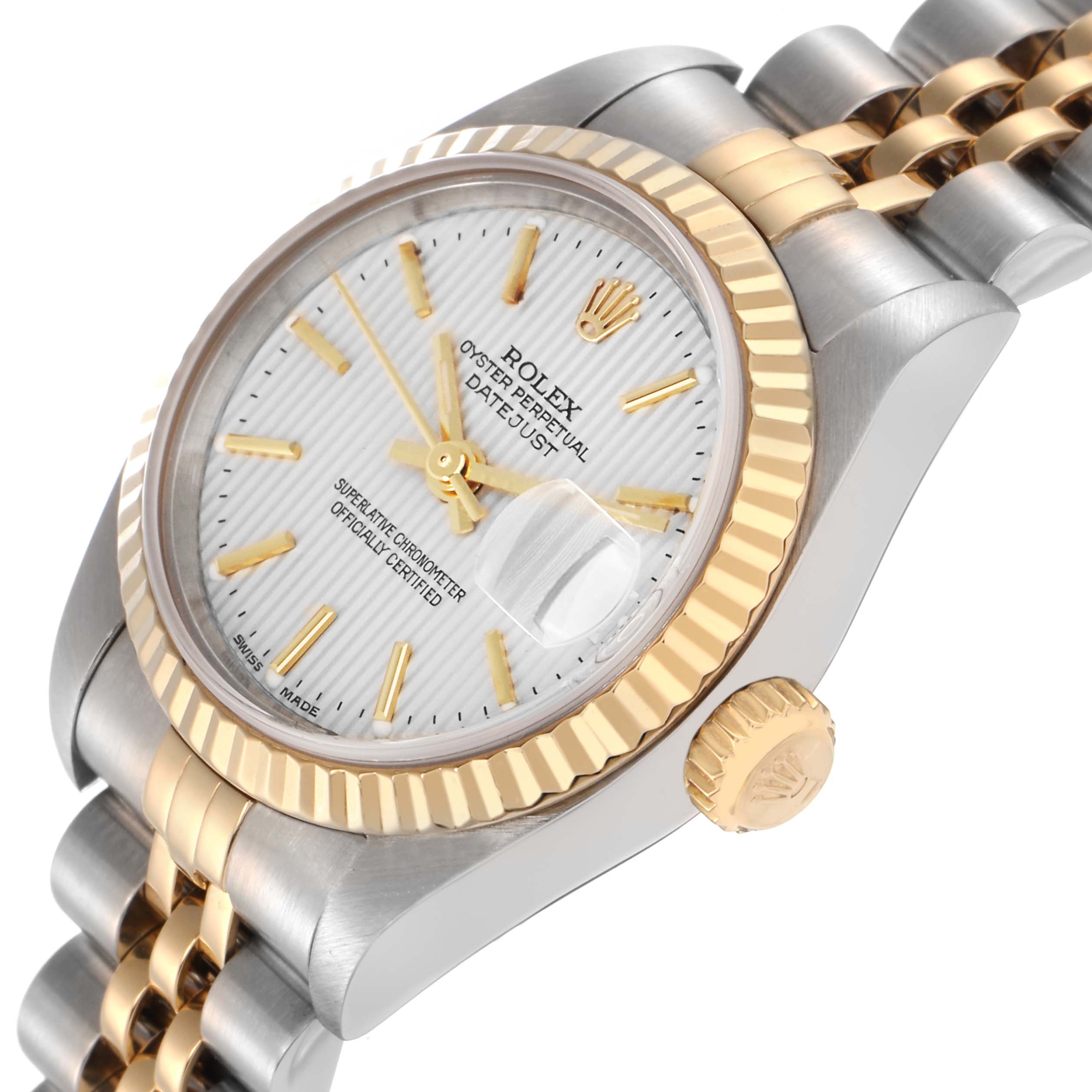 The image shows a Rolex Datejust 79173 Women
s Steel and Gold (two tone) Silver Dial 79173 Women
s Steel and Gold (two tone) Silver Dial watch from a side angle, highlighting the dial, fluted bezel, crown, and part of the bracelet.