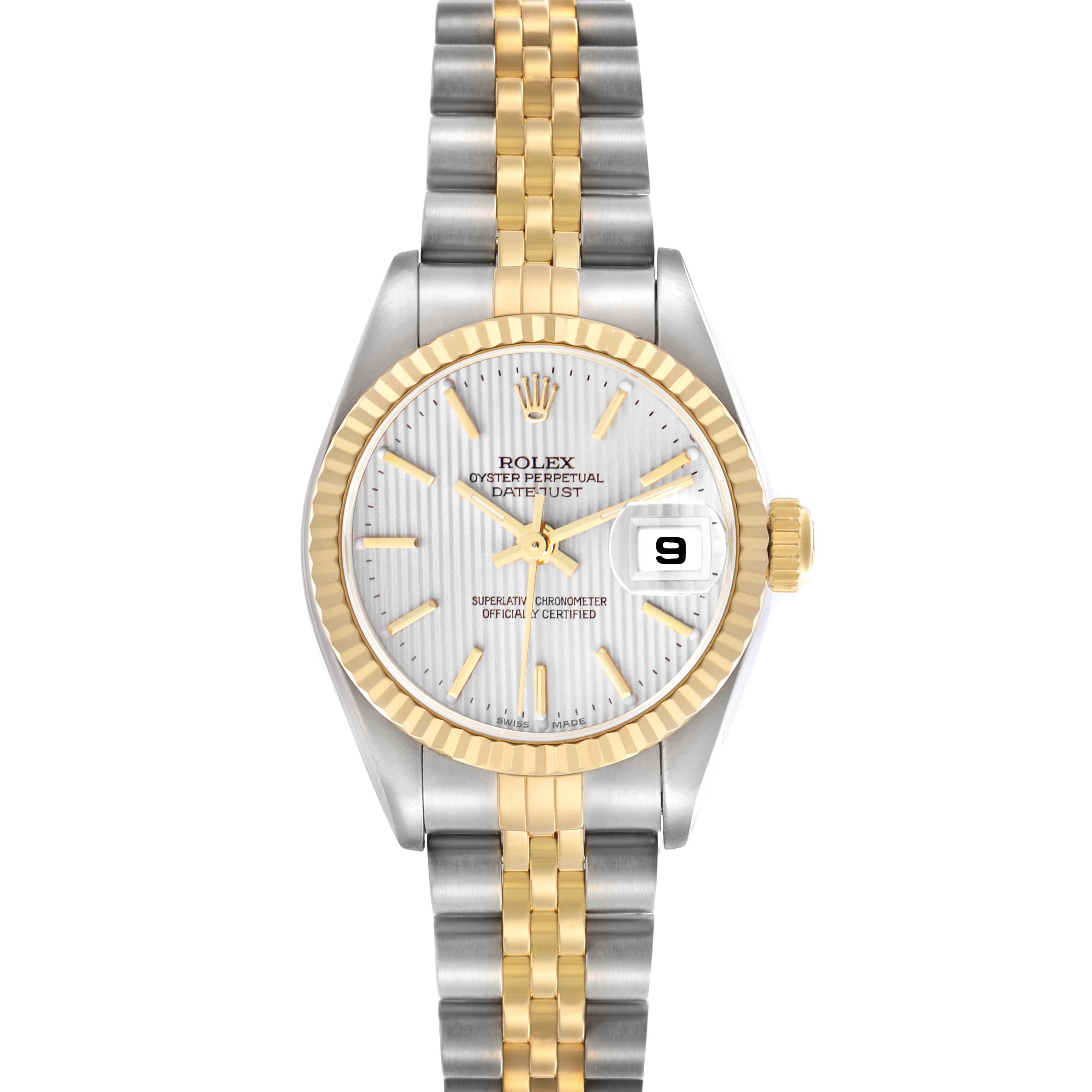 The Rolex Datejust 79173 Women
s Steel and Gold (two tone) Silver Dial 79173 Women
s Steel and Gold (two tone) Silver Dial watch is shown from the front, highlighting the dial, bezel, and bracelet.