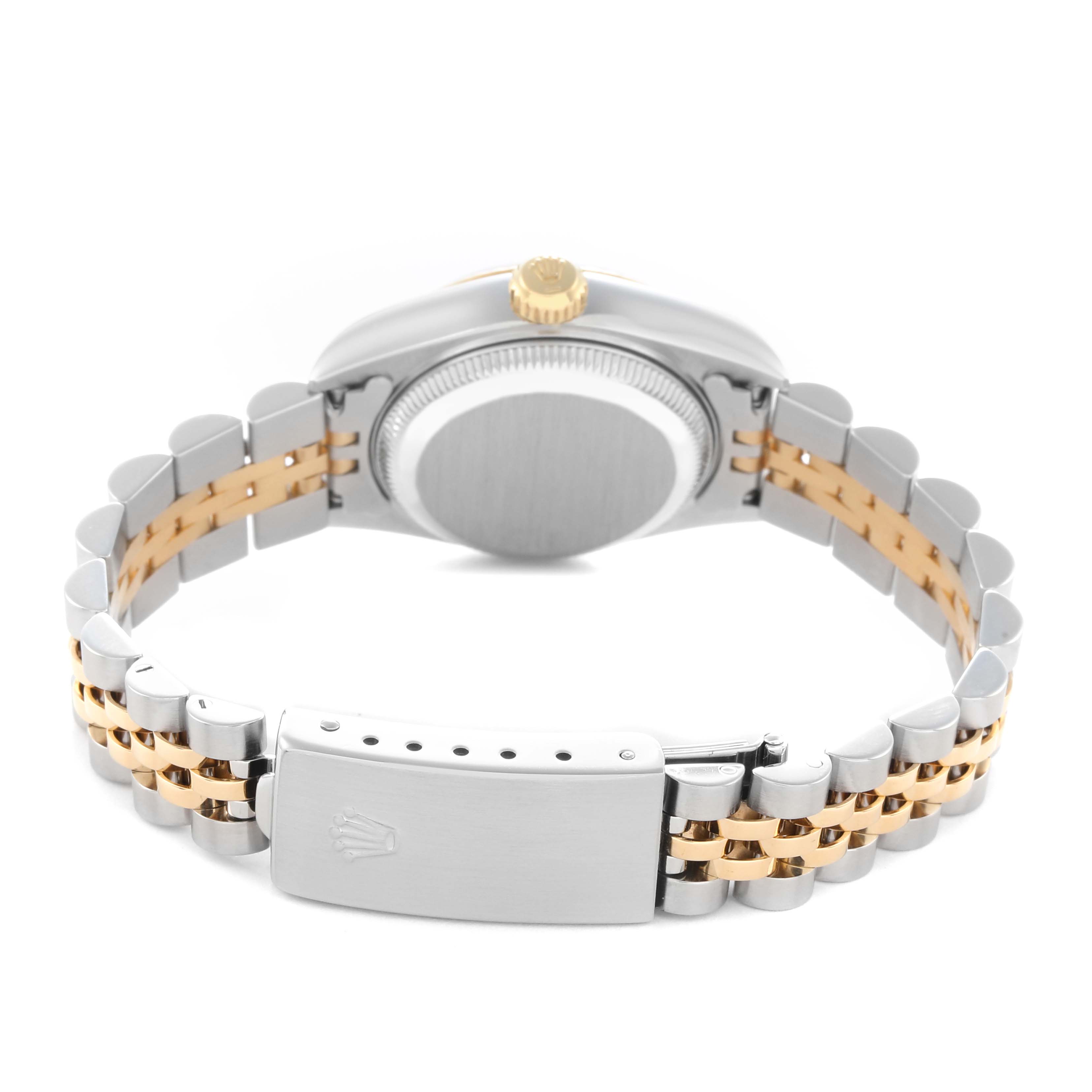 The image shows the back view of a Rolex Datejust 79173 Women
s Steel and Gold (two tone) Silver Dial 79173 Women
s Steel and Gold (two tone) Silver Dial watch, highlighting the case back, crown, and two-tone bracelet with clasp.