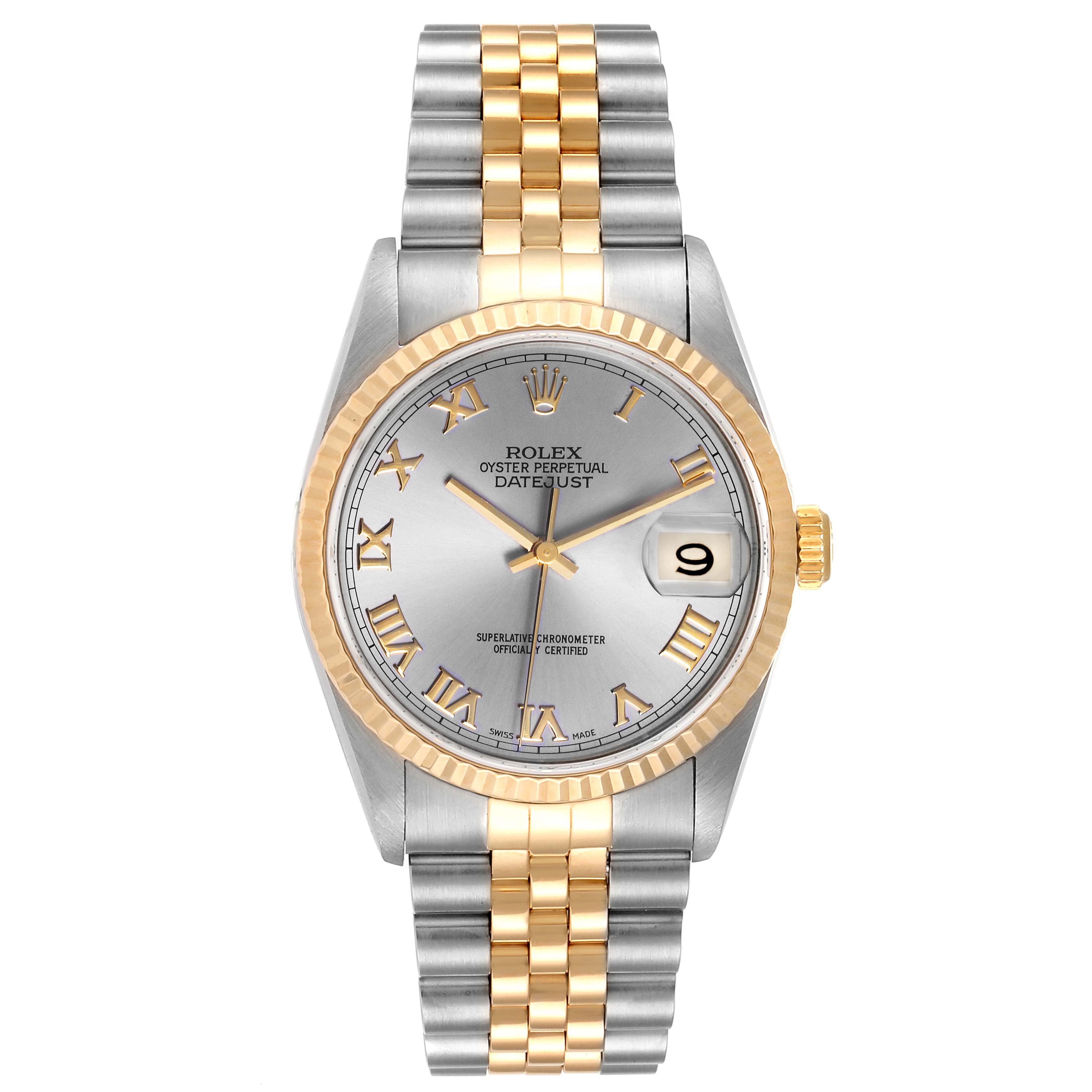 This image shows a front view of a Rolex Datejust 16233 Men's Steel and Gold (two tone) Grey Dial 16233 Men's Steel and Gold (two tone) Grey Dial watch with a silver dial, Roman numeral markers, and a two-tone jubilee bracelet.
