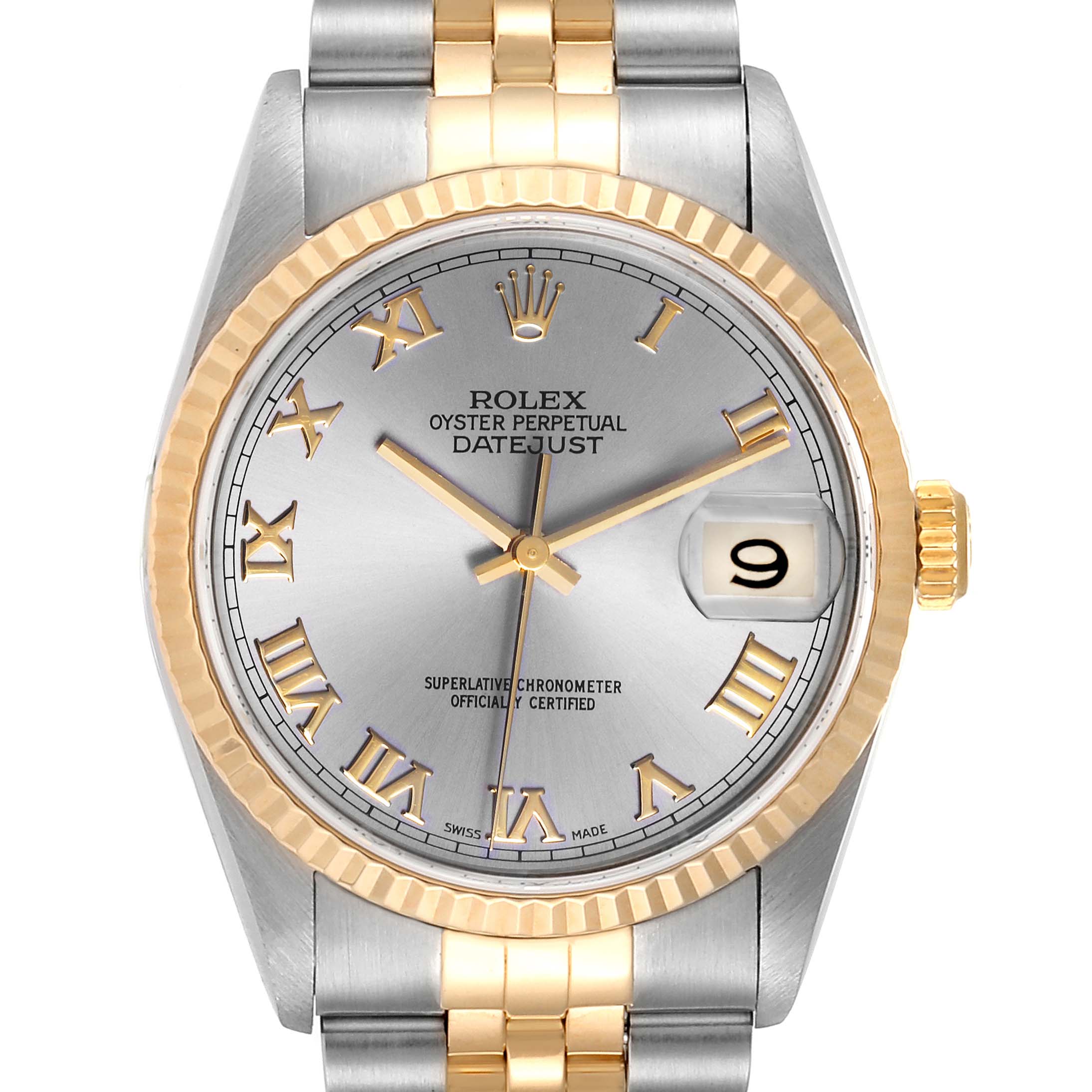 The image shows a frontal view of a Rolex Datejust 16233 Men's Steel and Gold (two tone) Grey Dial 16233 Men's Steel and Gold (two tone) Grey Dial watch, displaying its dial, bezel, and part of the bracelet.