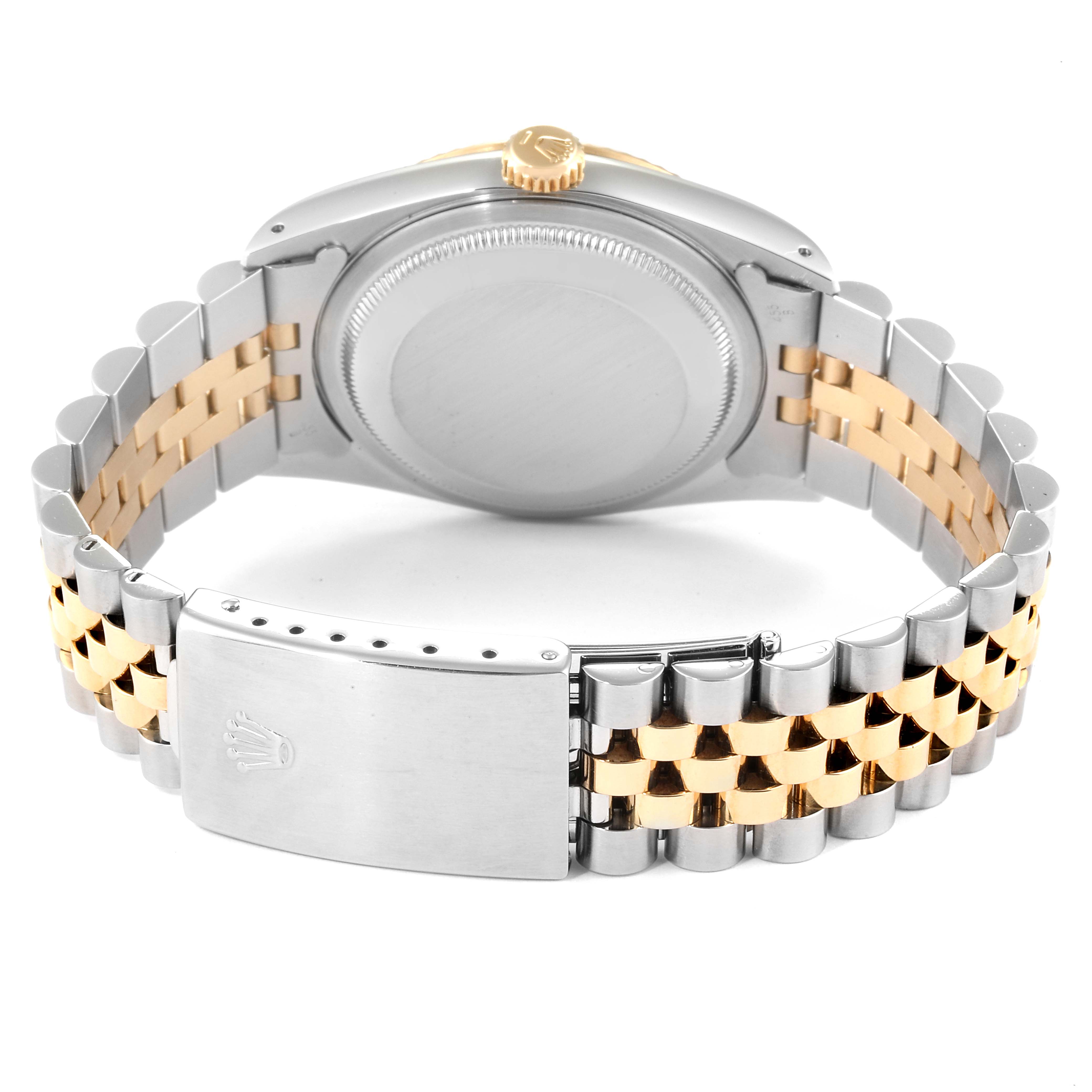 This image shows the back of a Rolex Datejust 16233 Men's Steel and Gold (two tone) Grey Dial 16233 Men's Steel and Gold (two tone) Grey Dial watch, highlighting the case, crown, and two-tone bracelet with the clasp.