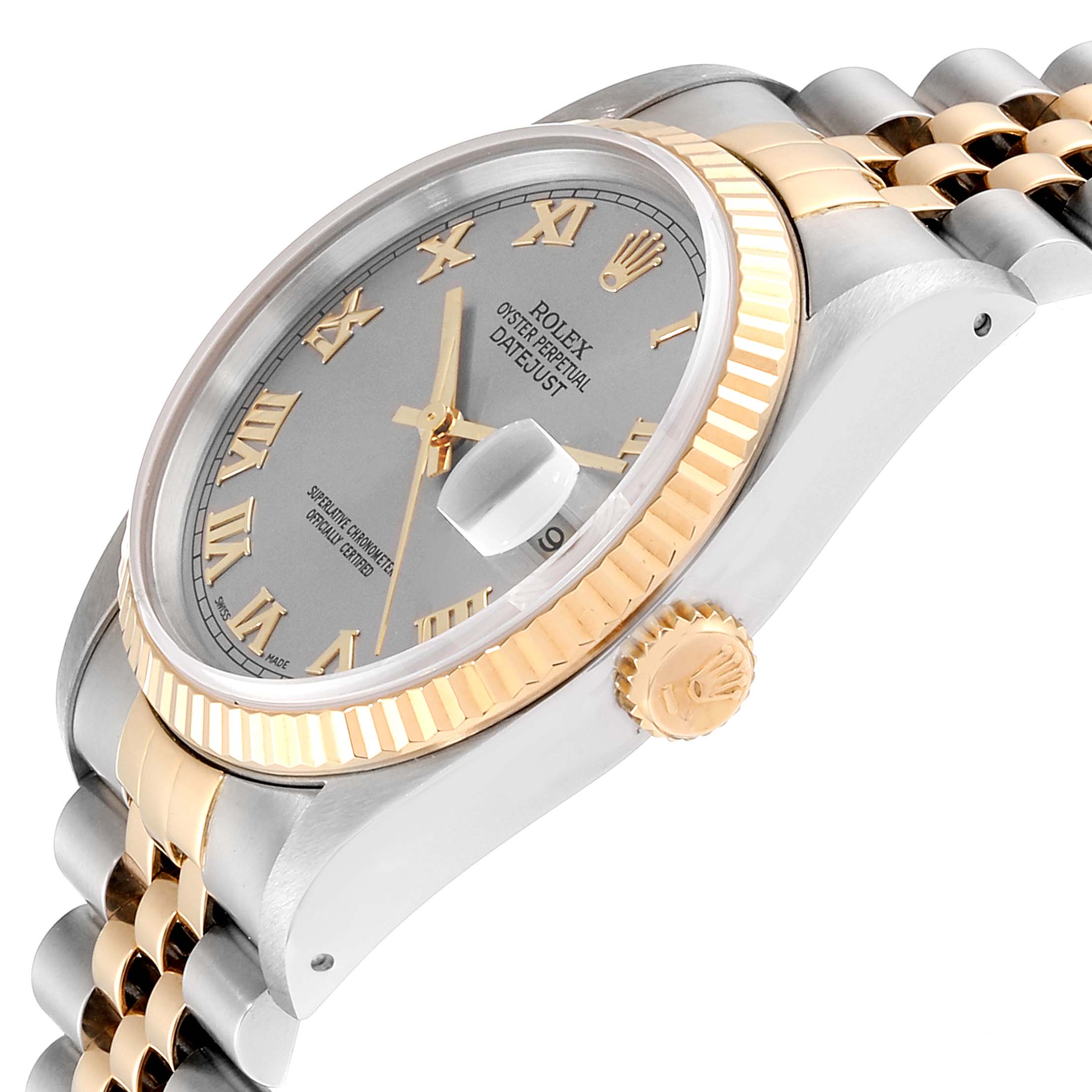 This image shows a side angle of a Rolex Datejust 16233 Men's Steel and Gold (two tone) Grey Dial 16233 Men's Steel and Gold (two tone) Grey Dial watch, highlighting the bezel, crown, and part of the bracelet.