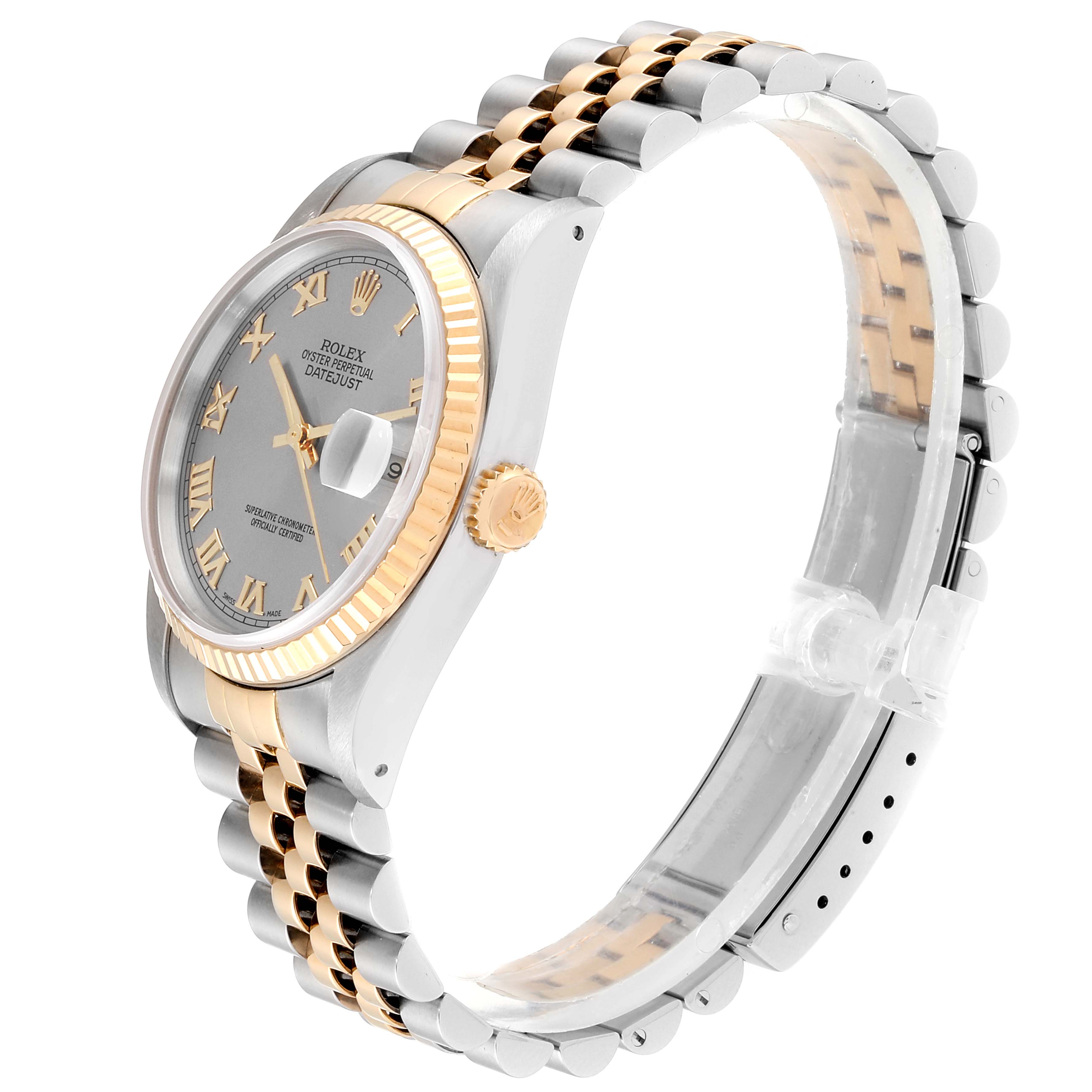 The Rolex Datejust 16233 Men's Steel and Gold (two tone) Grey Dial 16233 Men's Steel and Gold (two tone) Grey Dial watch is shown at a slight side angle, displaying the face, bezel, crown, and part of the bracelet.