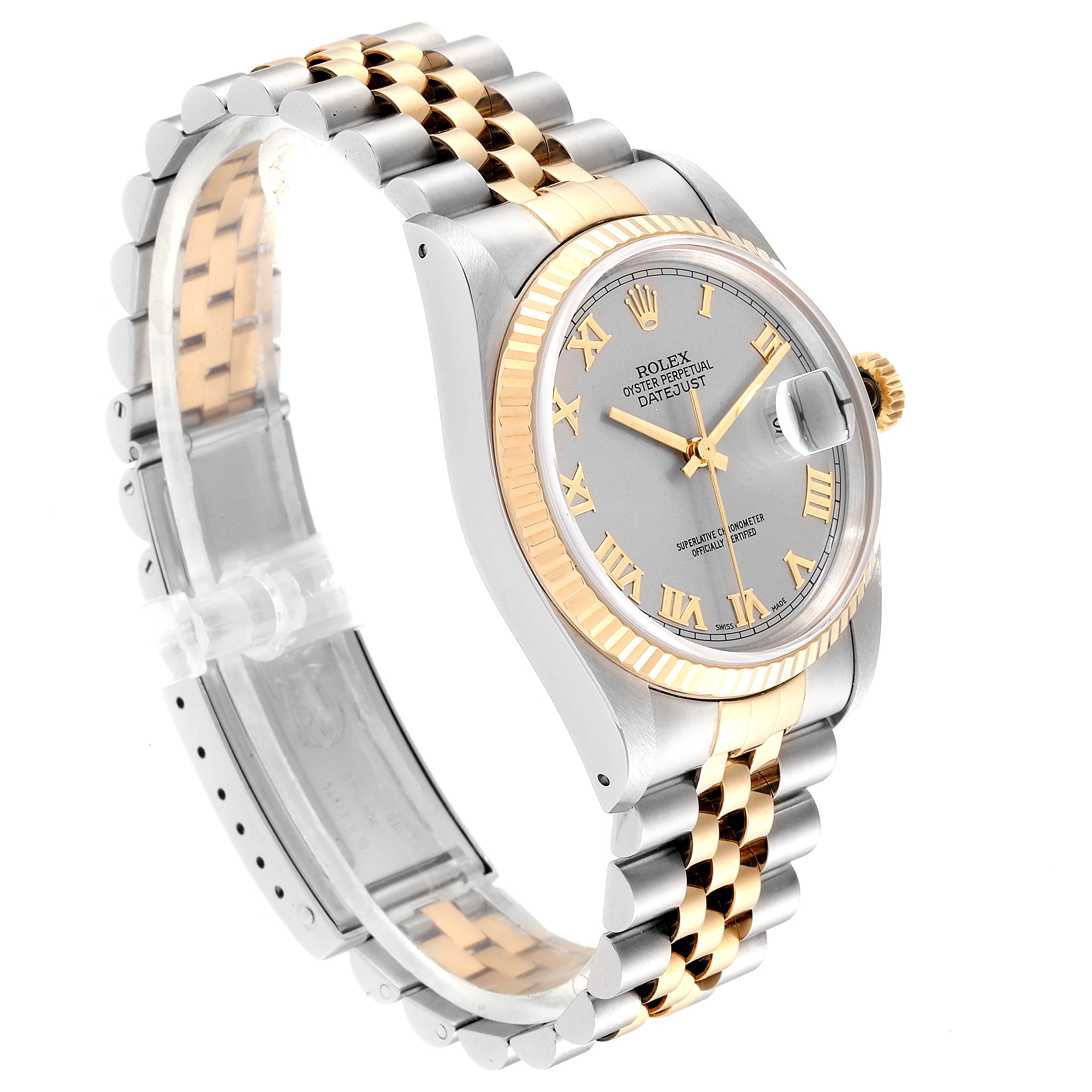 The Rolex Datejust 16233 Men's Steel and Gold (two tone) Grey Dial 16233 Men's Steel and Gold (two tone) Grey Dial watch is shown at an angled view, highlighting its silver and gold Jubilee bracelet, fluted bezel, and grey dial with Roman numerals.