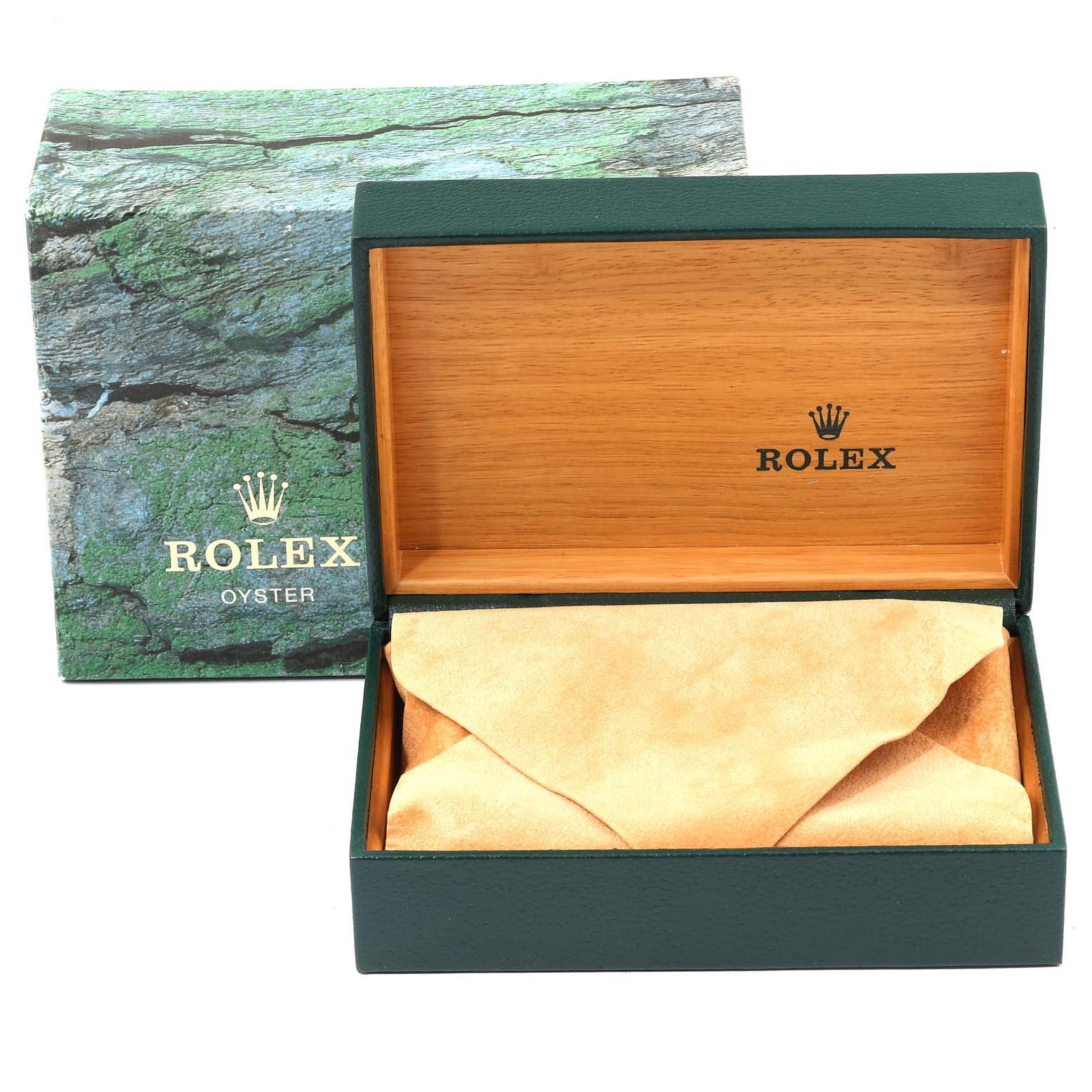 This image shows an open green Rolex Oyster watch box with a suede pouch inside, meant for a Rolex Datejust 16233 Men's Steel and Gold (two tone) Grey Dial 16233 Men's Steel and Gold (two tone) Grey Dial model.