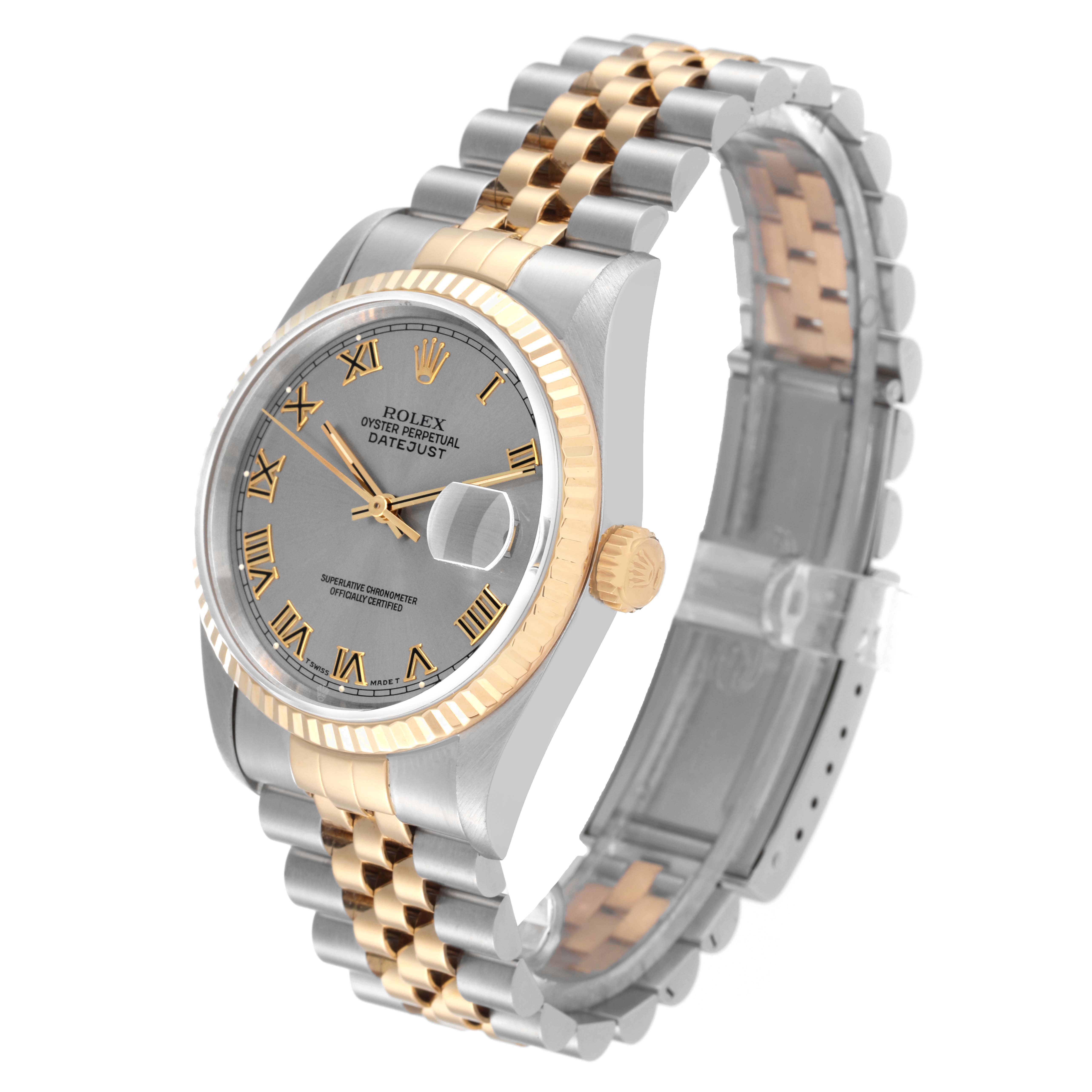 The image shows a Rolex Datejust 16233 Men's Steel and Gold (two tone) Grey Dial 16233 Men's Steel and Gold (two tone) Grey Dial watch at a three-quarter angle, highlighting the face, bezel, crown, and bracelet.
