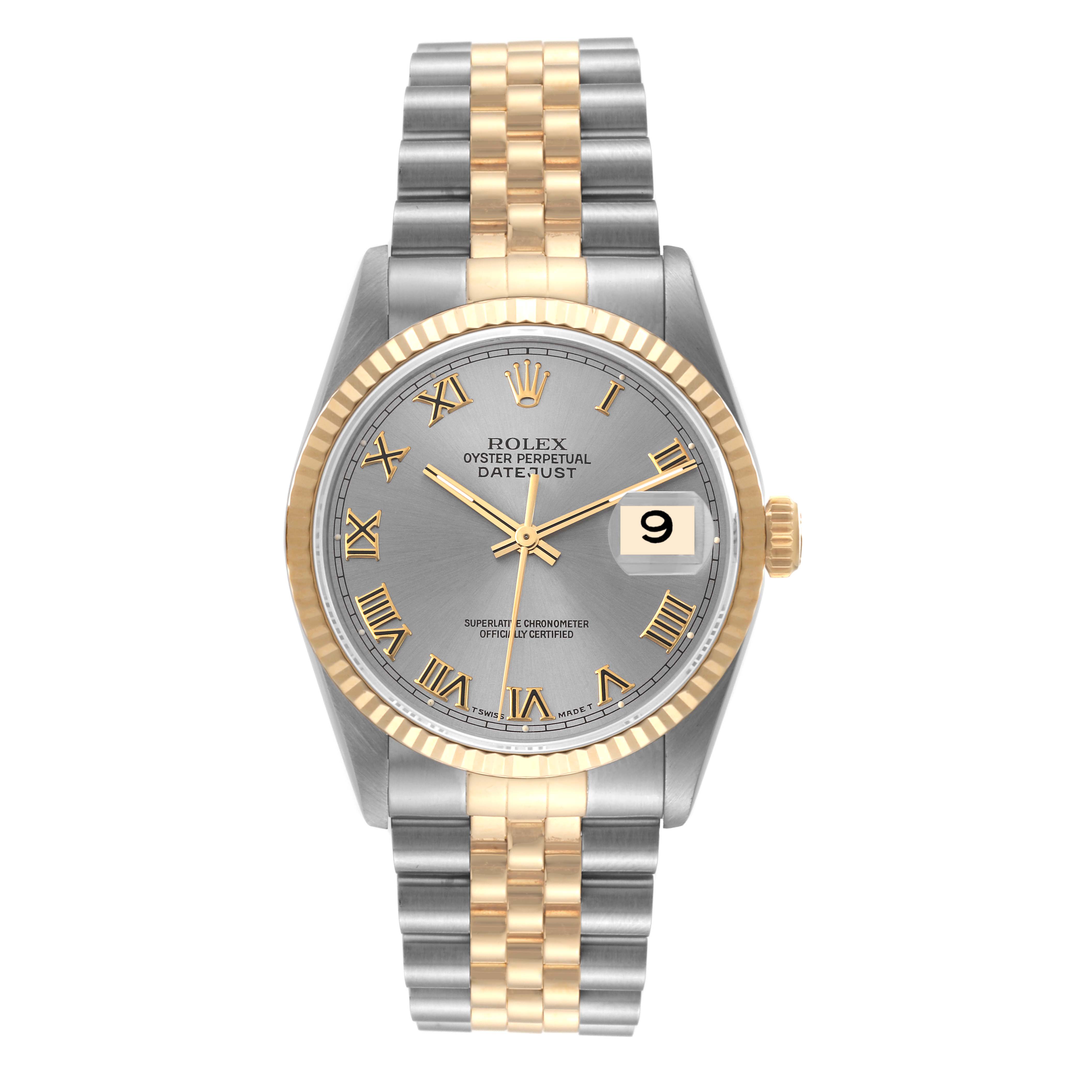 The image shows a frontal view of a Rolex Datejust 16233 Men's Steel and Gold (two tone) Grey Dial 16233 Men's Steel and Gold (two tone) Grey Dial watch, highlighting its two-tone bracelet and date window.