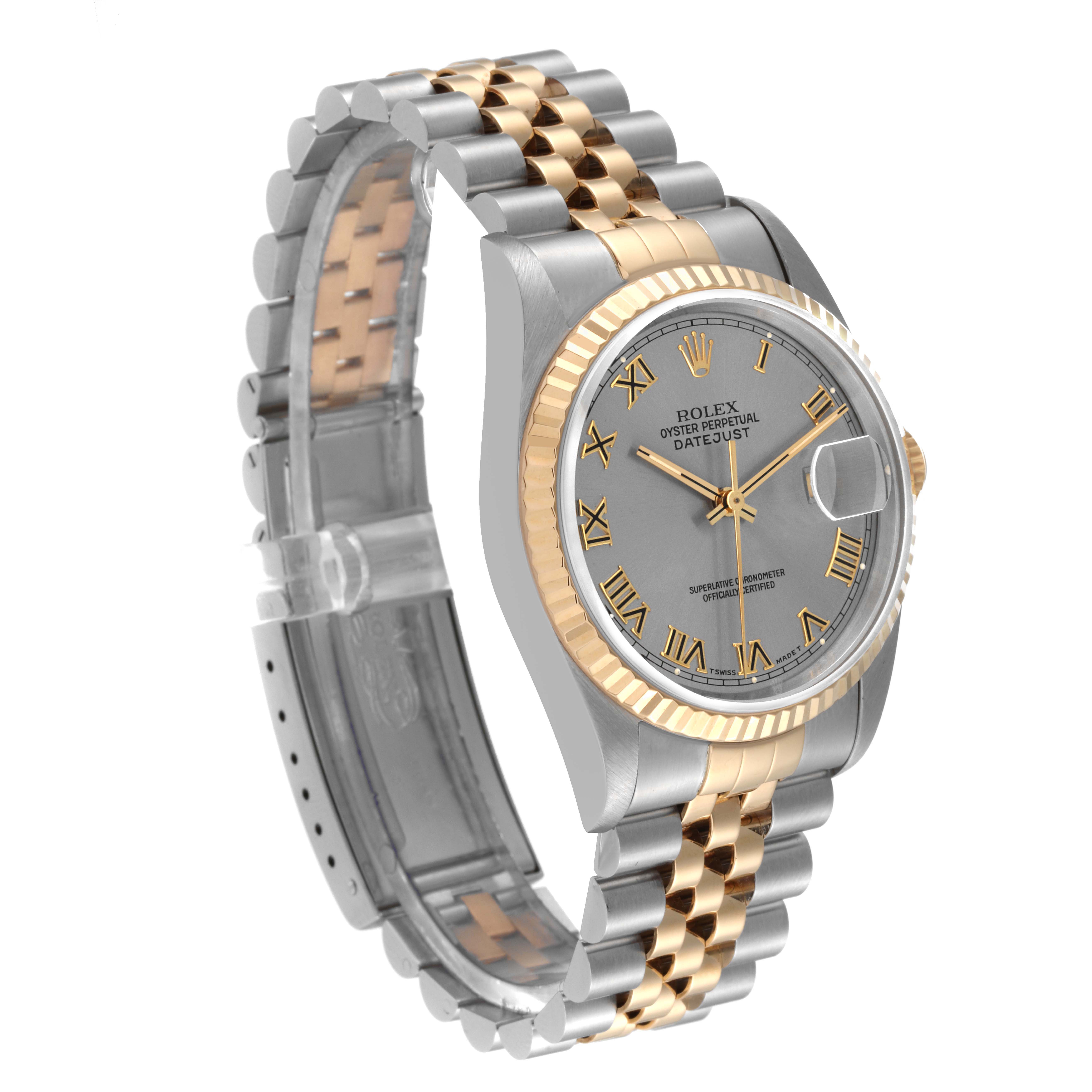 This image shows a Rolex Datejust 16233 Men's Steel and Gold (two tone) Grey Dial 16233 Men's Steel and Gold (two tone) Grey Dial model watch from an angled perspective, highlighting the face and two-tone bracelet.