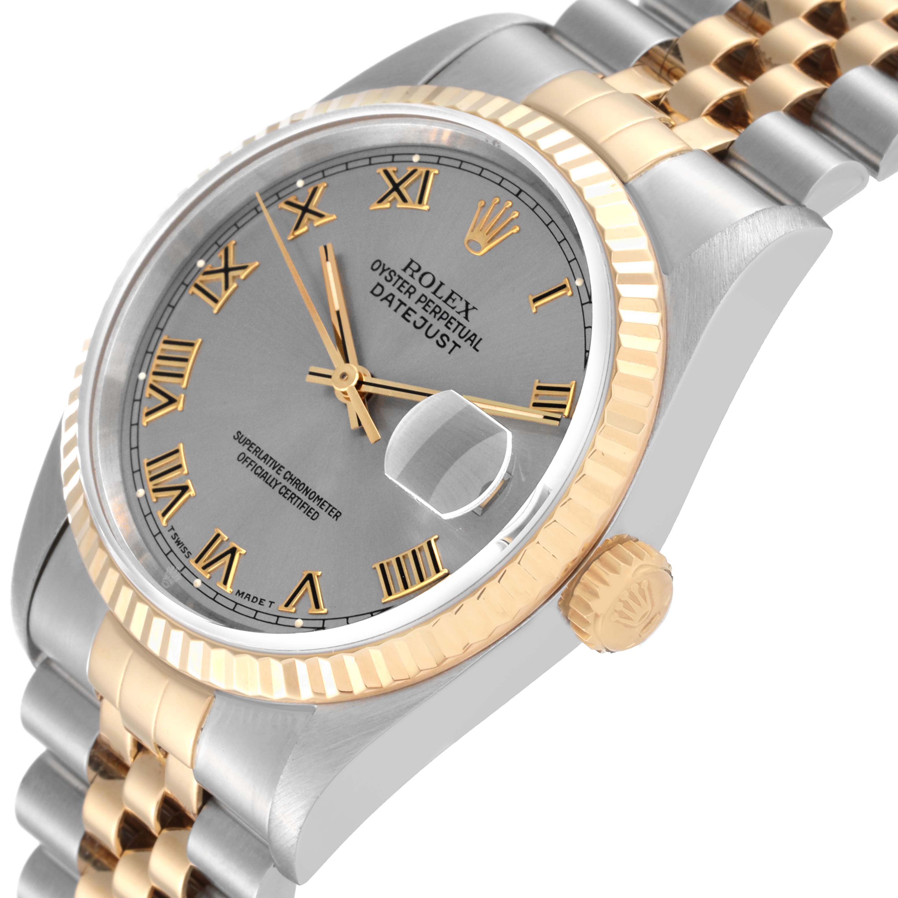 This image shows a close-up angled view of a Rolex Datejust 16233 Men's Steel and Gold (two tone) Grey Dial 16233 Men's Steel and Gold (two tone) Grey Dial watch, displaying the dial, fluted bezel, crown, and part of the bracelet.