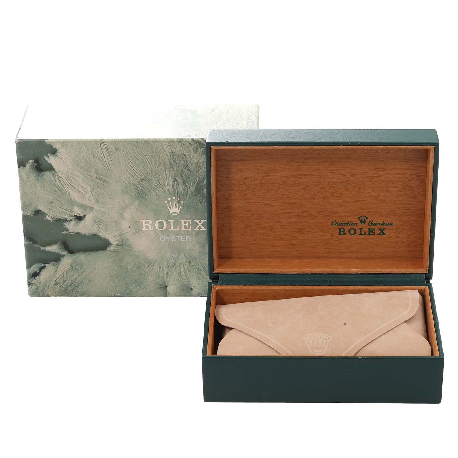 The image shows the packaging for a Rolex Datejust 16233 Men's Steel and Gold (two tone) Grey Dial 16233 Men's Steel and Gold (two tone) Grey Dial watch, including an outer box, inner wooden box, and a suede pouch.
